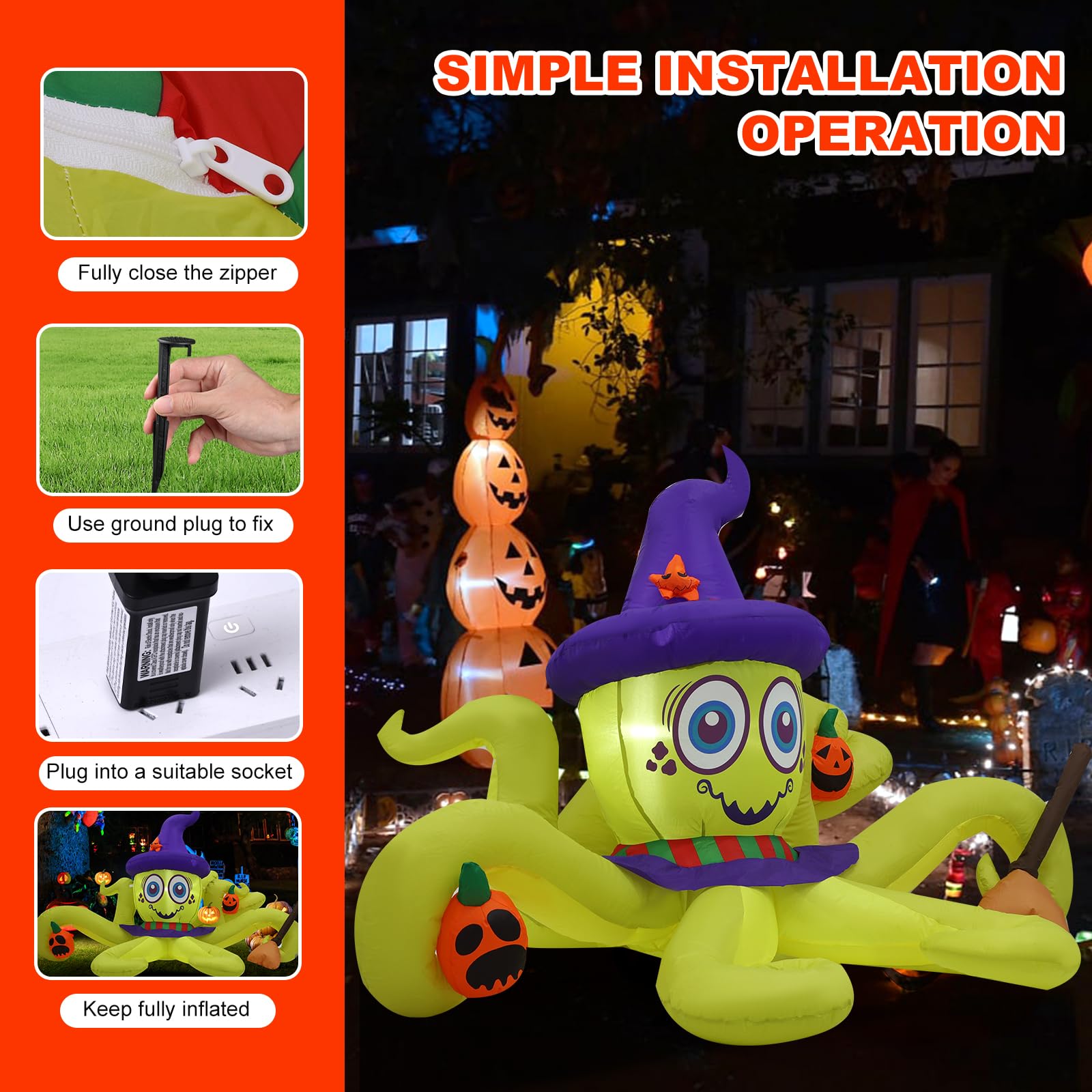 6ft Green Witch Octopus Halloween Inflatable Outdoor Decoration with LED Lights - Spooky Yard, Lawn & Garden Decor for Halloween Party, Haunted House, Trick or Treat, Family Vacation & Holiday Celebrations