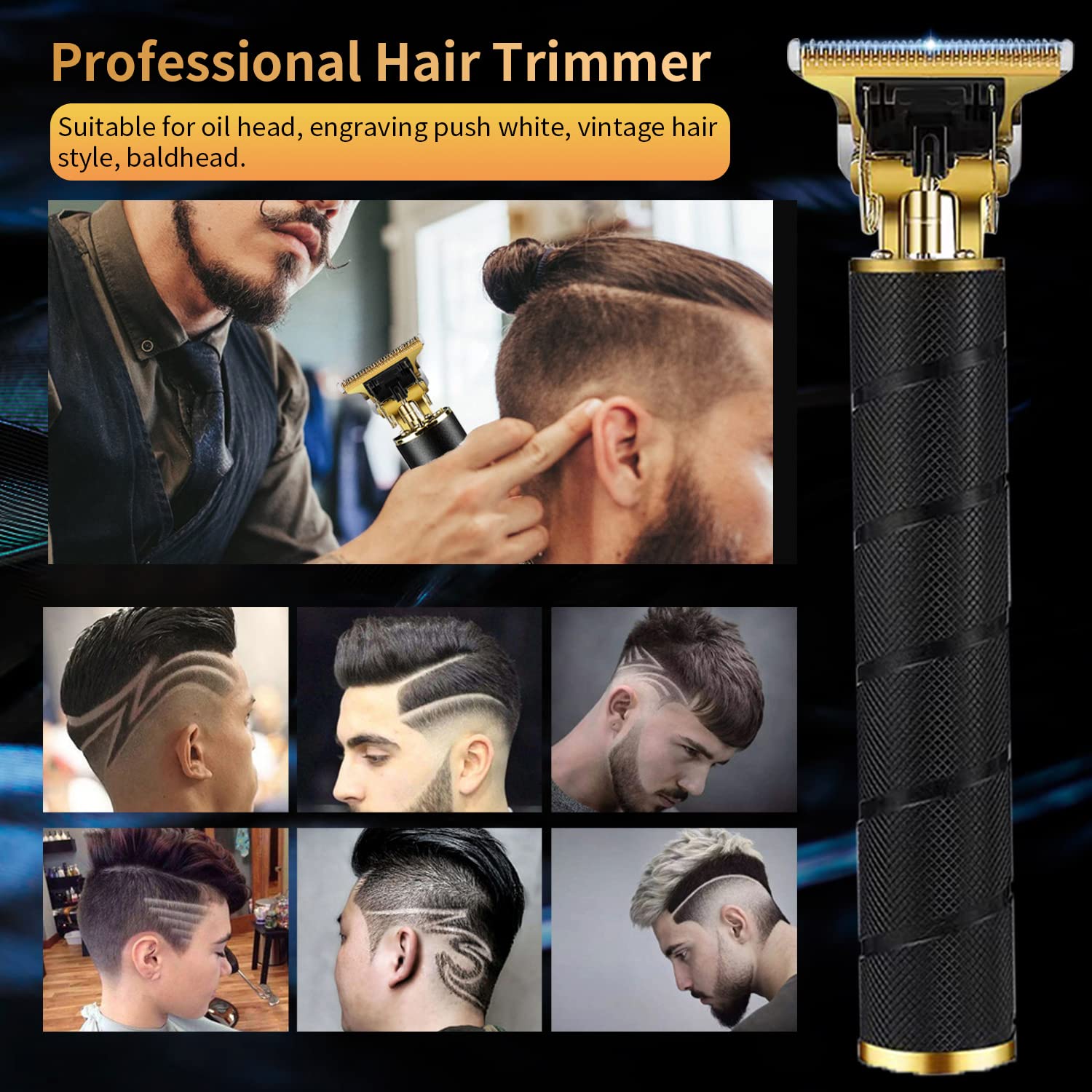 Professional Cordless Hair Trimmer for Men - Electric Beard & Hair Clipper with Zero Gap T-Blade, 5 Guide Combs & Grooming Kit (Black) - Perfect for Home Barbering, Beard Styling & DIY Haircuts