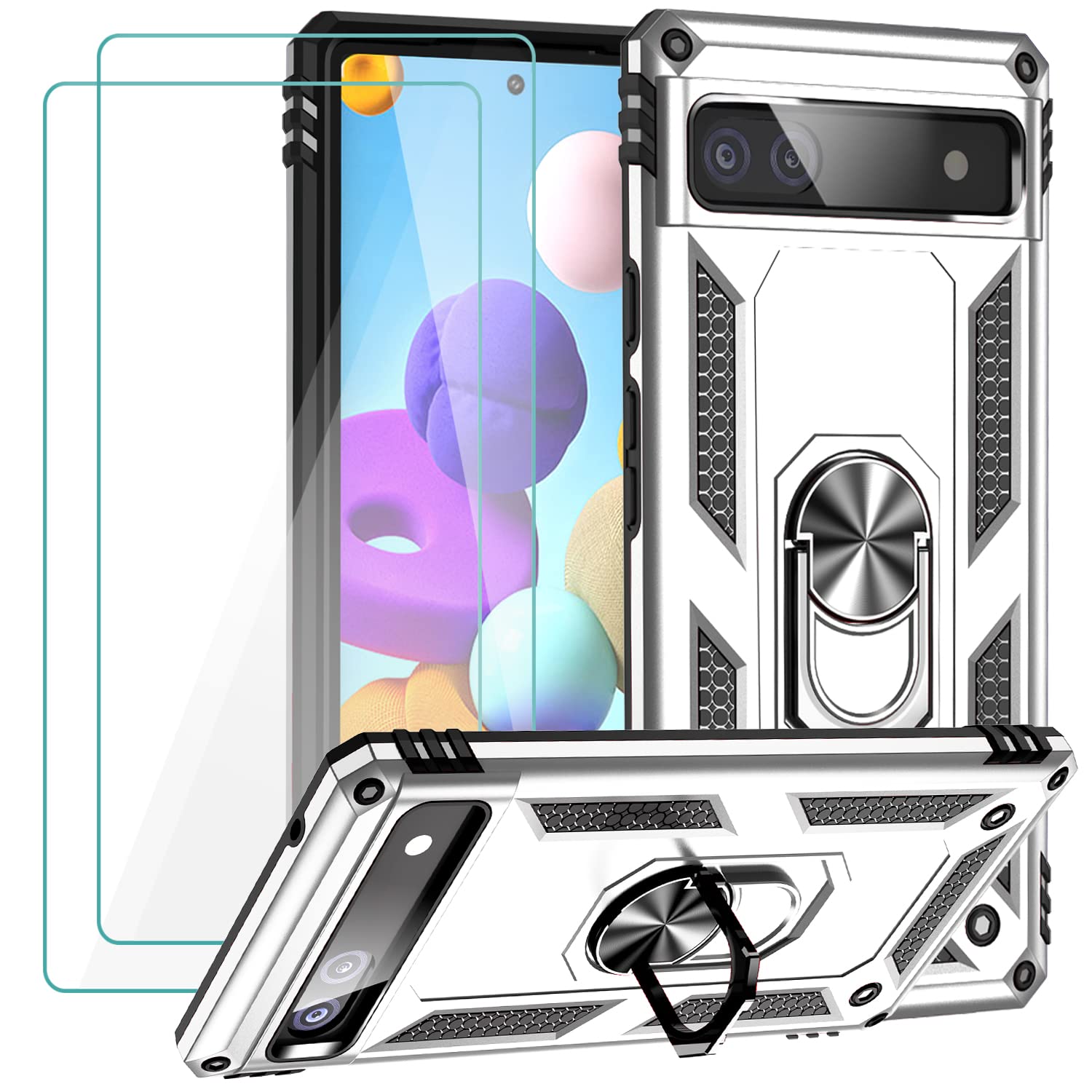 Google Pixel 6a Case with Tempered Glass Screen Protector (2 Pack) - Military-Grade Shockproof Armor Cover & Magnetic Kickstand - Silver | Perfect for Outdoor Activities, Travel & Daily Protection
