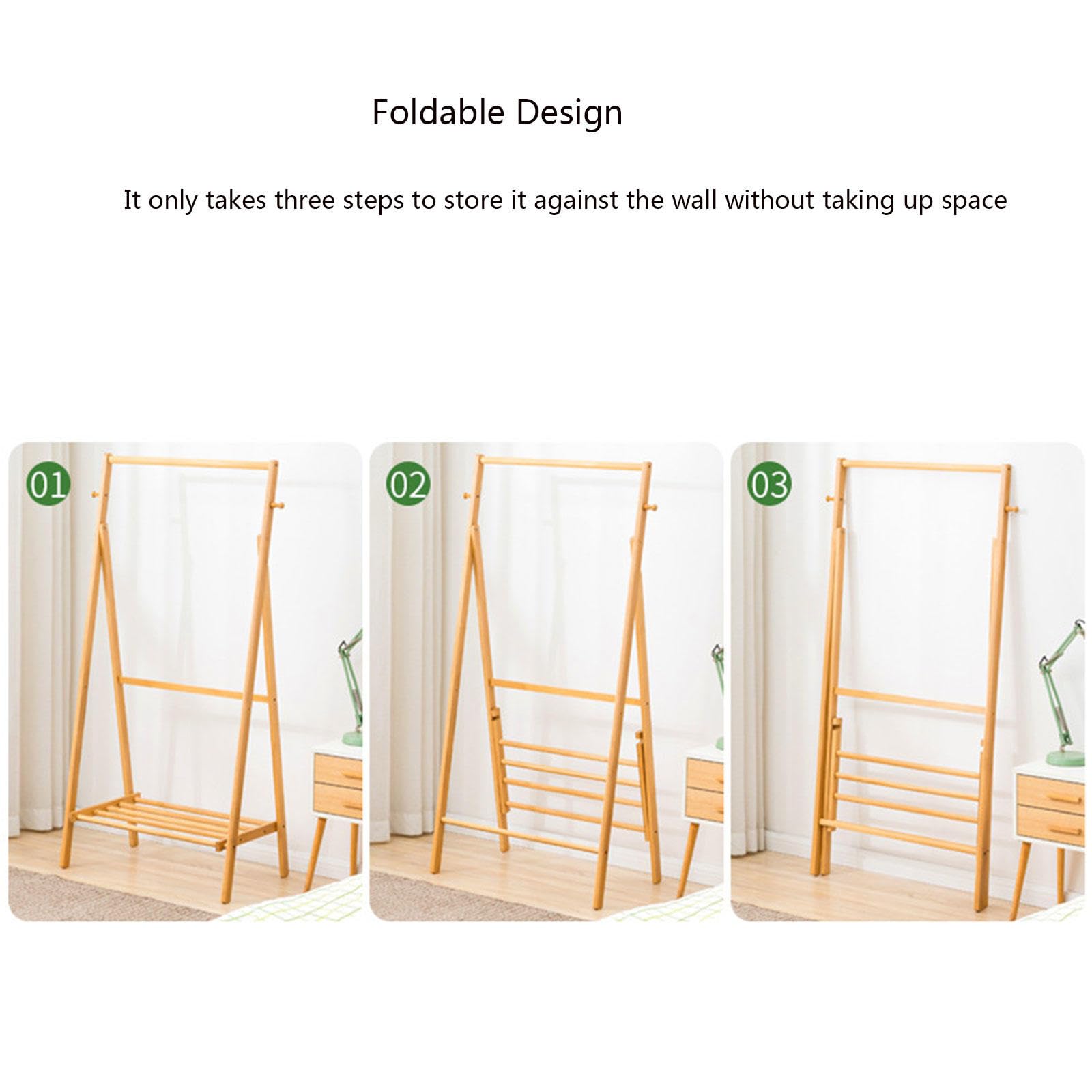 Foldable Freestanding Coat Rack Stand with 2 Side Hooks & Storage Shelves - Wooden Clothes Hanger for Bedroom, Entryway, Living Room (56x45x155cm) - Perfect for Organizing Clothes, Shoes, Hats & Bags