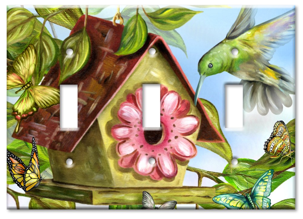 Triple Gang Oversized Toggle Switch Plate Cover - Decorative Metal Wall Plate with Hummingbird Design - Made in USA - Perfect for Living Room, Bedroom & Home Decor