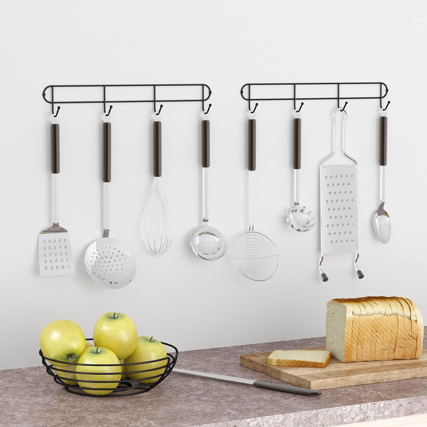 Wall Mounted Coffee Mug Rack - Rustic Farmhouse Mug Holder with Hooks for Kitchen, Tea Cup Organizer, Black (Set of 2) - Perfect for Small Space Storage & Coffee Bar Decor