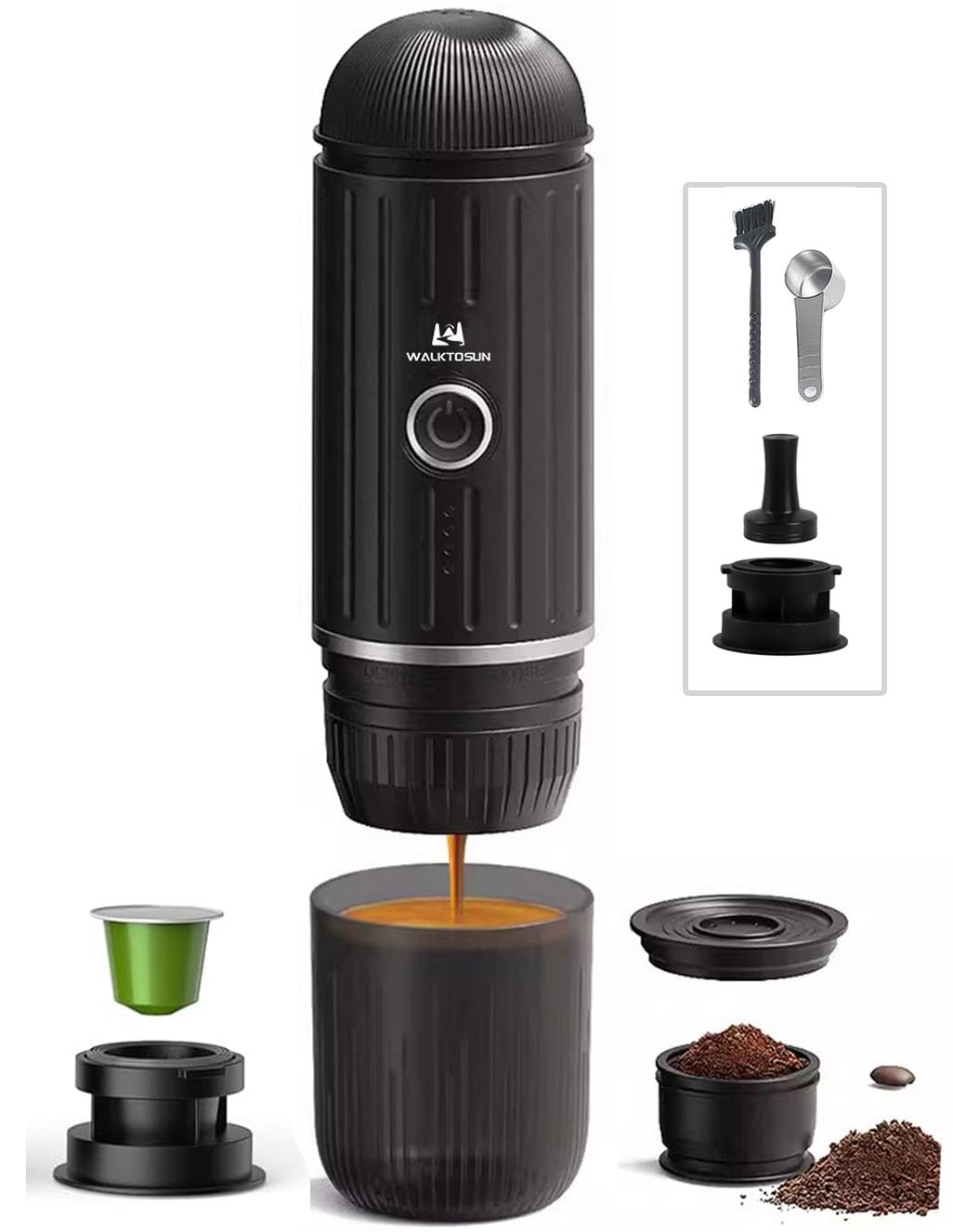 Portable Electric Espresso Coffee Maker - 19 Bar Pressure, Self-Heating, Battery Powered - Compatible with Ground Coffee & Nespresso Capsules - Perfect for Travel, Camping, Hiking, RV, Office & Outdoor Use (Black)