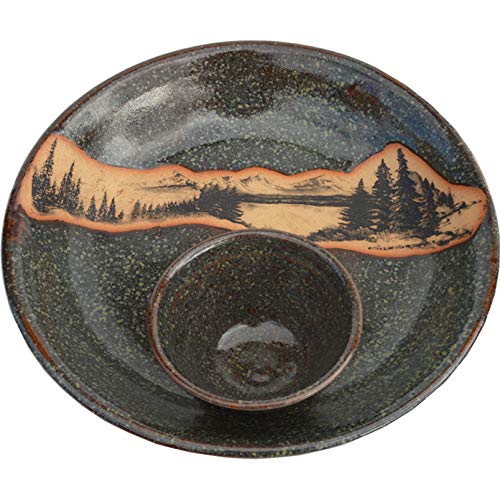 Handmade Ceramic Serving Platter & Dipping Bowl - Mountain Scenes Chip and Dip Set in Seamist Glaze - Traditional Polished Stoneware - Exquisite Appetizer Dishes for Parties, Entertaining & Home Decor