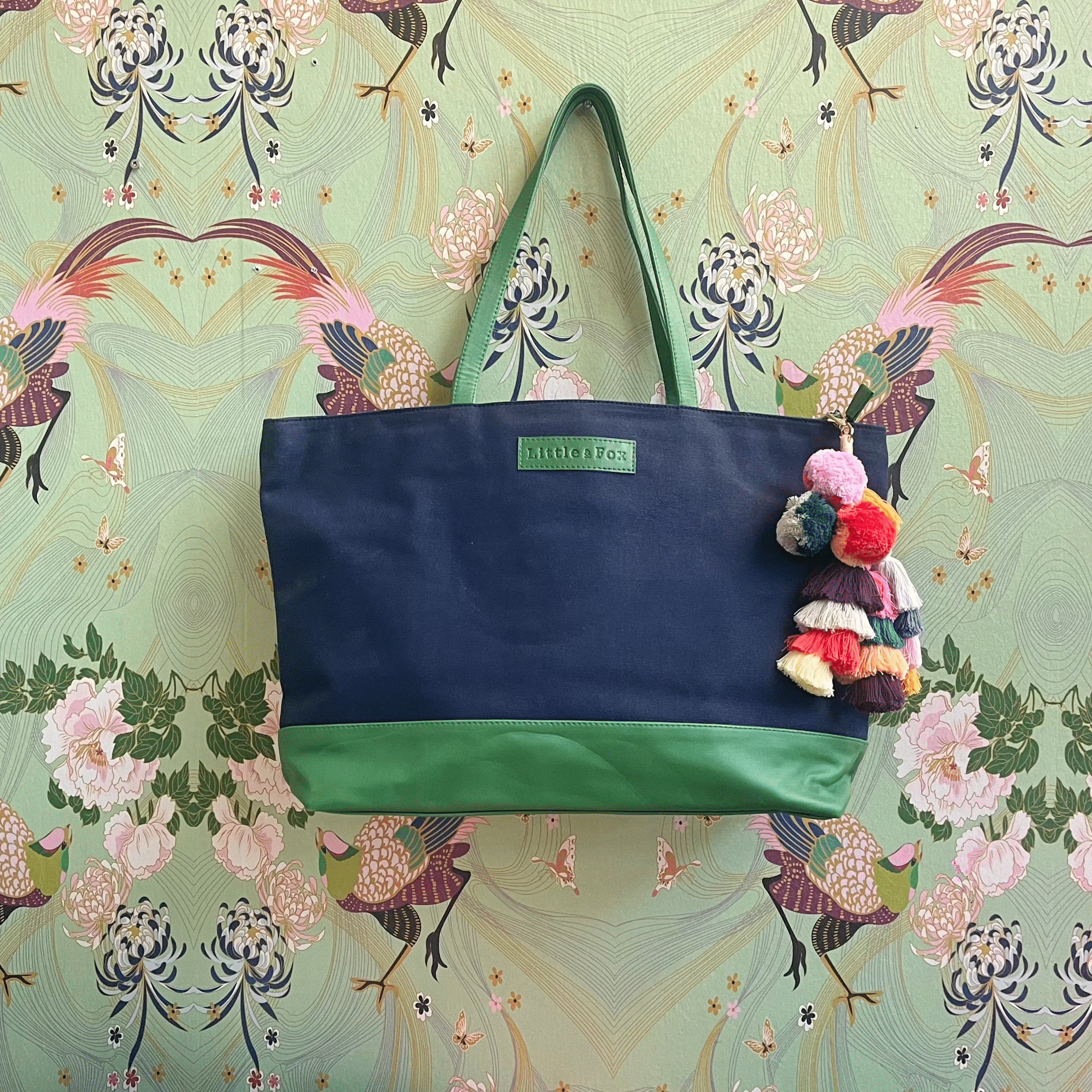 The Little & Fox Premium Indigo Tote Bag with Emerald Leather - Stylish & Durable Handbag for Work, Travel & Everyday Use