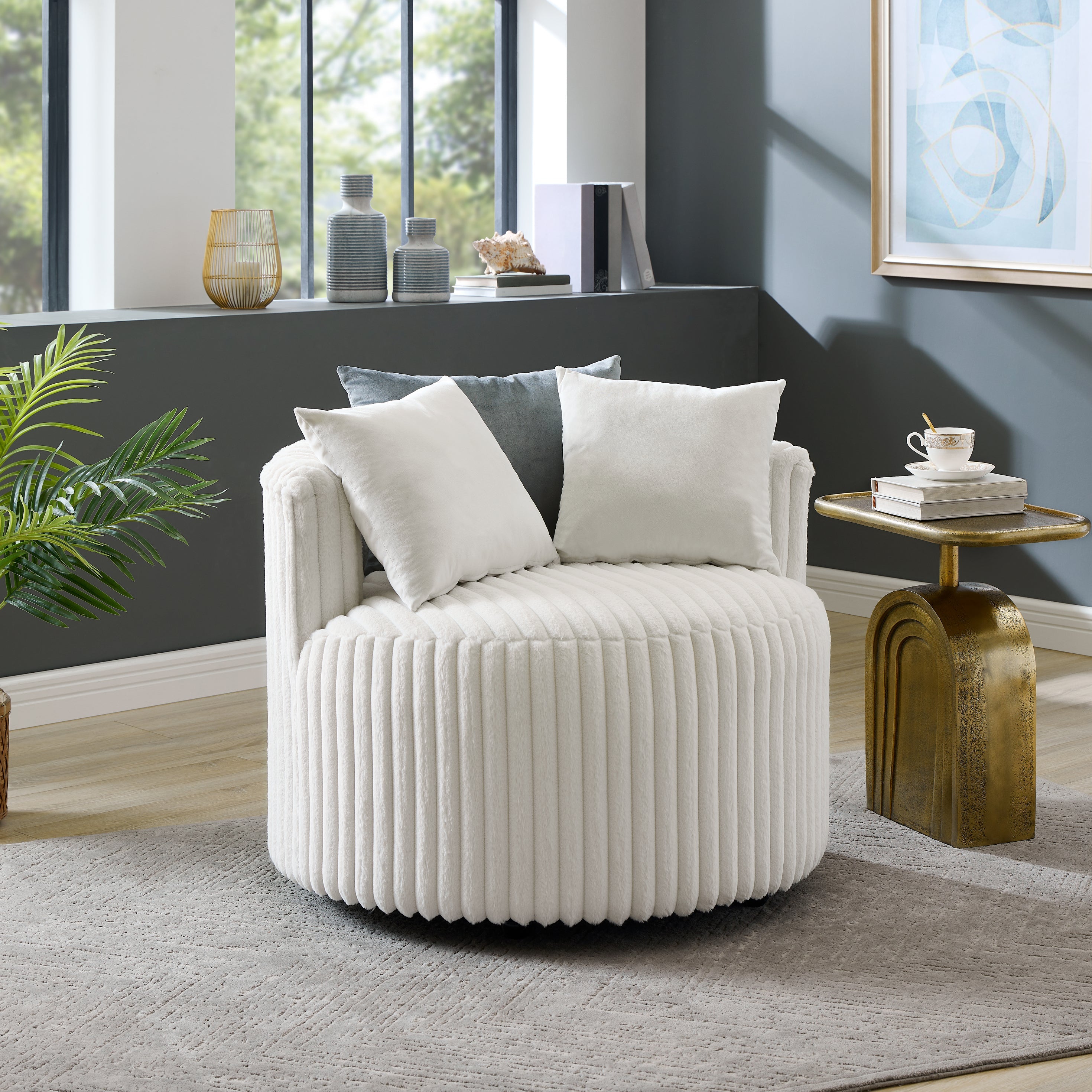 Roundhill Furniture Malna Plush Wide Wale Corduroy Upholstered Barrel Accent Chair with Wheels - Soft & Stylish Living Room Seating, Off White - Perfect for Home Office, Lounge & Reading Nook