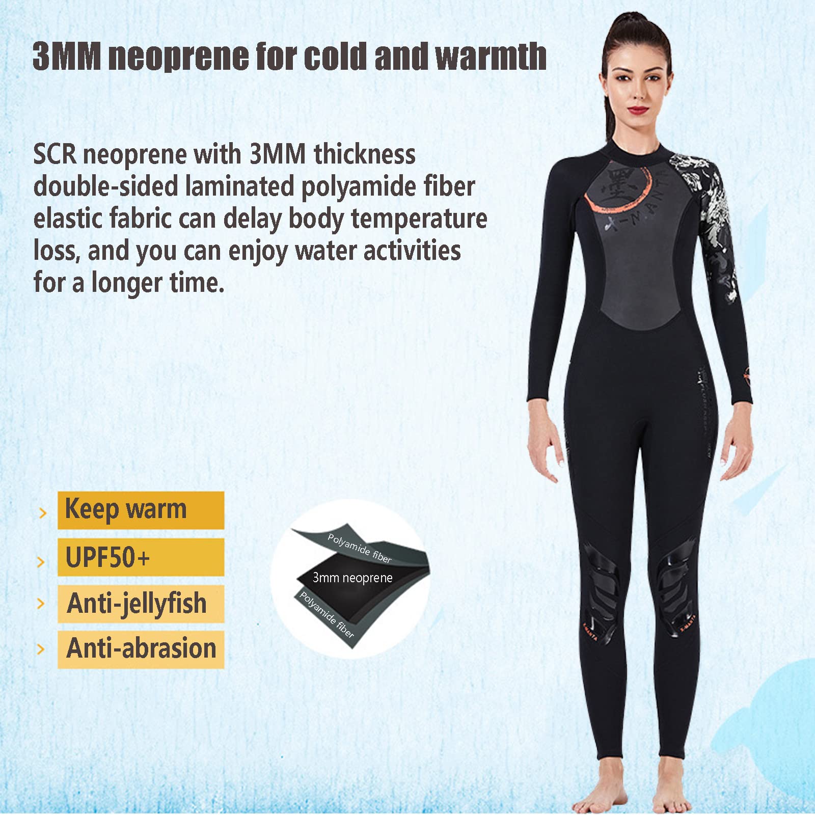 3mm Neoprene Women's Full Body Wetsuit with Back Zip - Long Sleeve Diving Suit for Swimming, Snorkeling, Surfing & Scuba Diving | Thermal Protection for Cold Water Sports | Black Size S