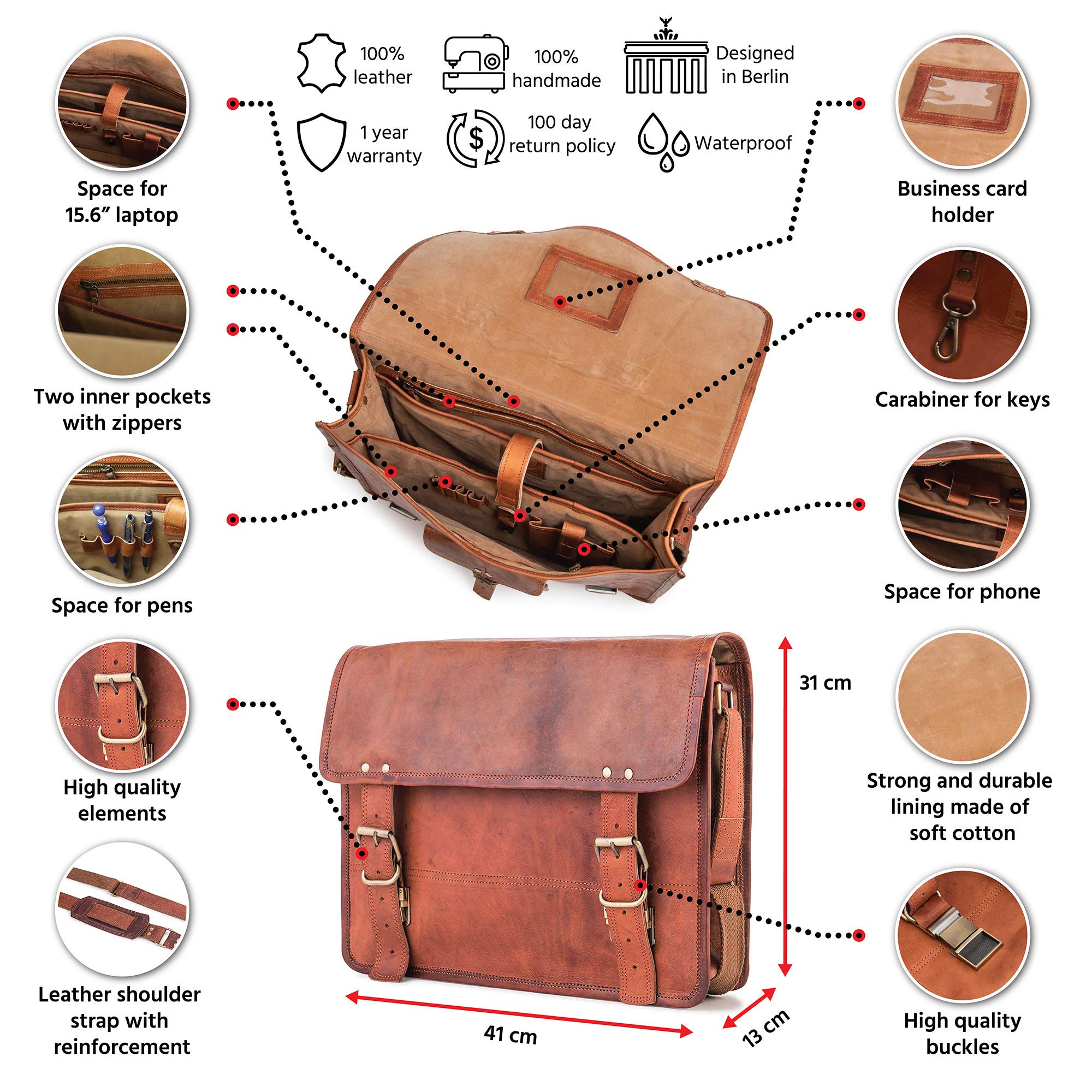 Vintage Leather Messenger Bag for Men & Women - BERLINER BAGS York Briefcase in Brown | Business, Travel & Everyday Use