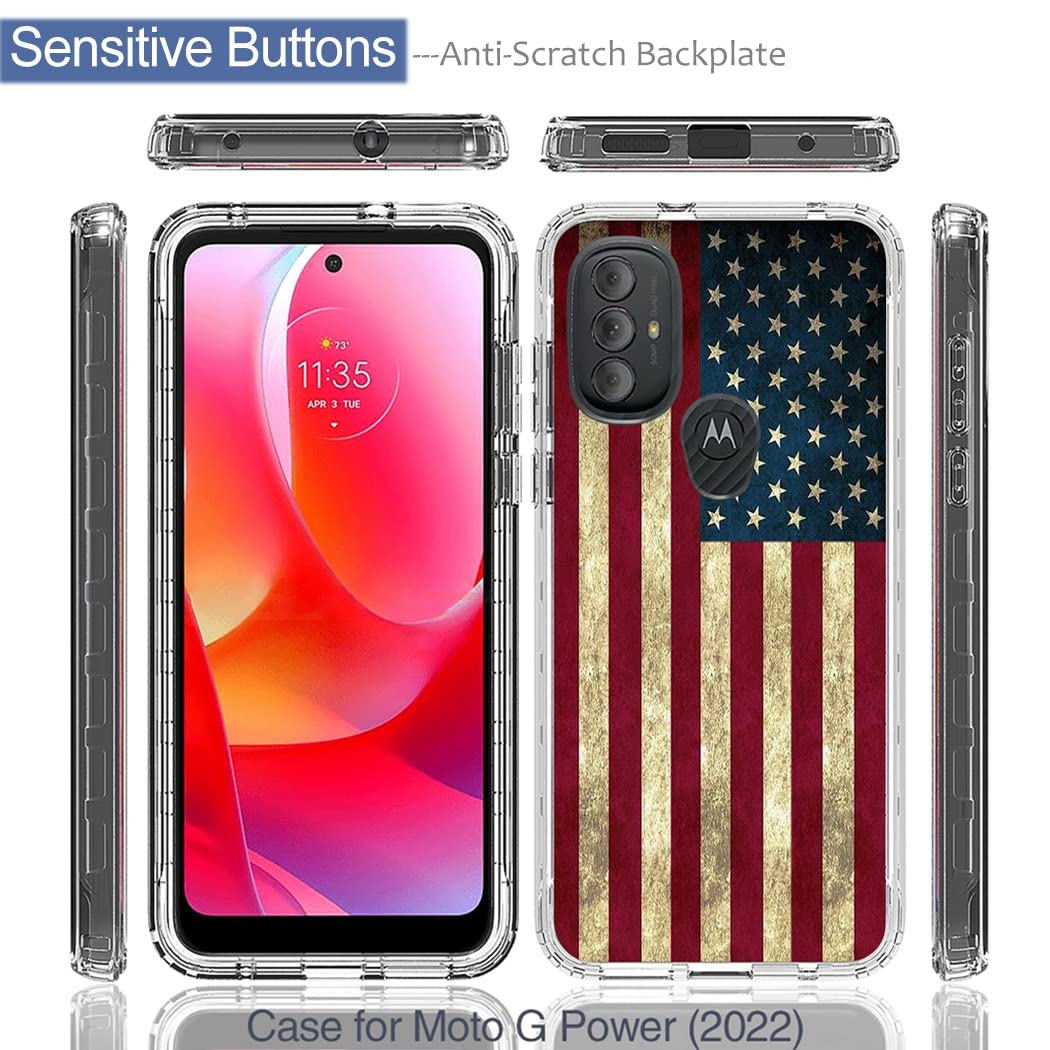 Premium Shockproof Phone Case for Motorola Moto G Power 2022 (XT2165DL) - Clear USA Flag Design with Built-in Tempered Glass Screen Protector | Full Body Protection for Drops & Scratches | Perfect for Outdoor Activities, Travel & Daily Use