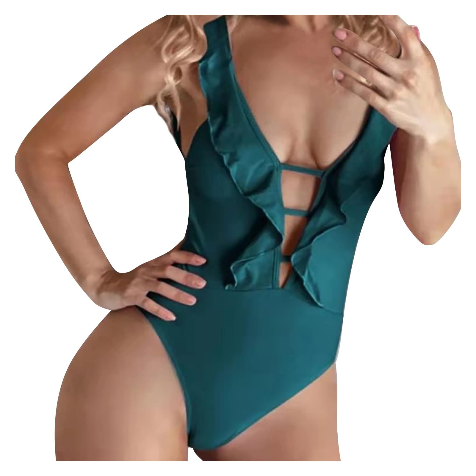 Sexy High-Waisted One-Piece Swimsuit for Women - Solid Color Ruffled Bikini Thong Bathing Suit | Perfect for Beach Vacations, Pool Parties & Summer Getaways