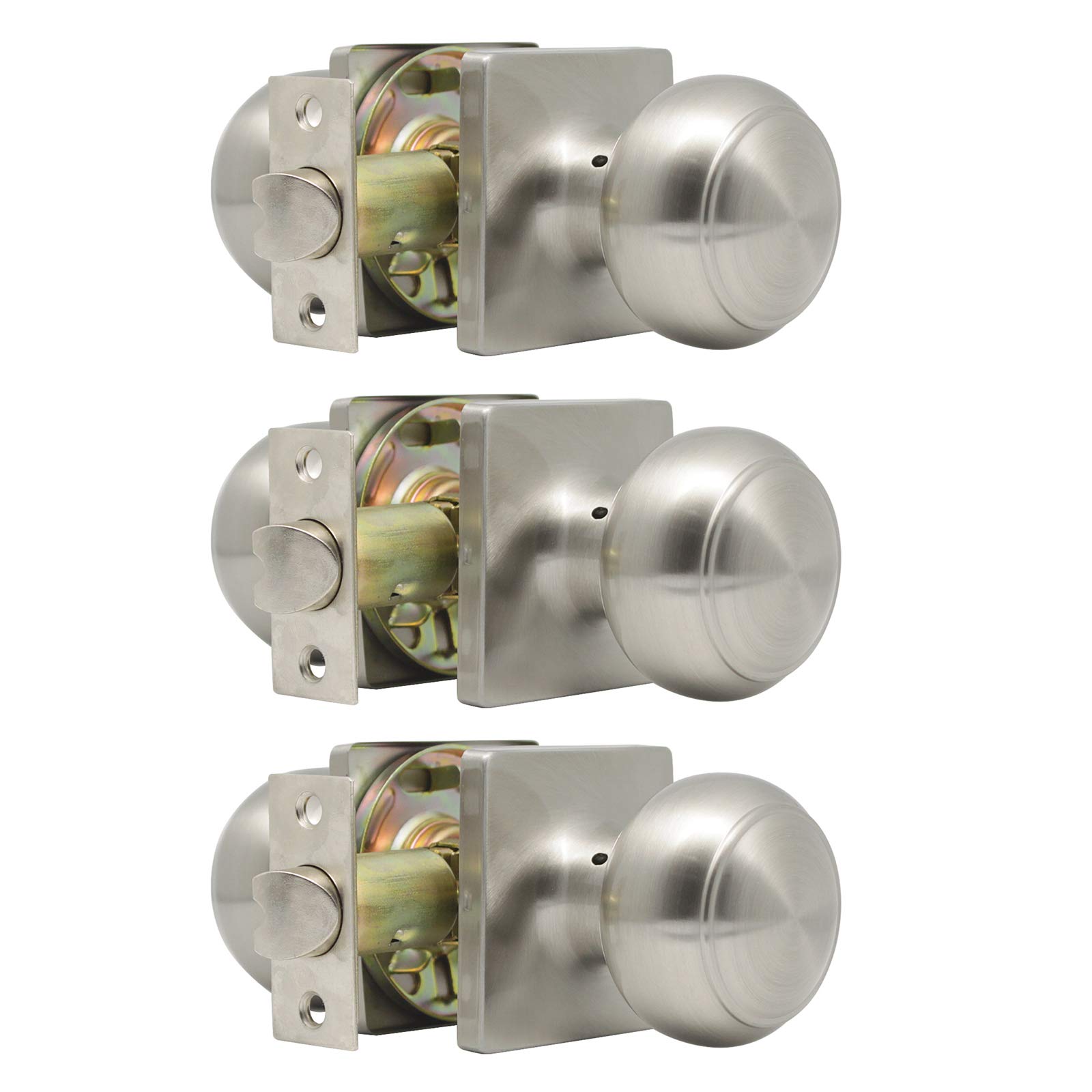 Gobrico 3-Pack Satin Nickel Square Passage Door Knobsets - Keyless Interior Round Ball Door Knobs for Hallway, Closet & Pantry - Perfect for Modern Homes & Office Spaces