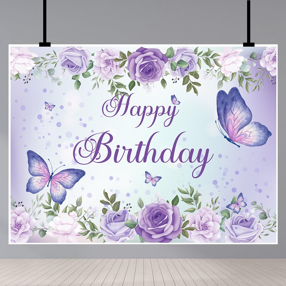 7x5Ft Purple Butterfly Happy Birthday Backdrop with Rose Flowers - Girls Birthday Party Decor, Cake Table Banner & Photography Background for Birthday Celebrations, Baby Showers & Special Events