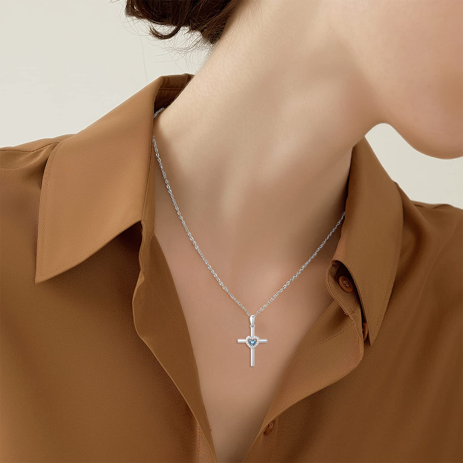 Sterling Silver Cross Necklace for Women - Heart Birthstone Pendant Religious Jewelry Gift for Mom, Teen Girls (18+2 Inches) | Perfect for Birthday, Baptism, Confirmation & Everyday Faith Wear