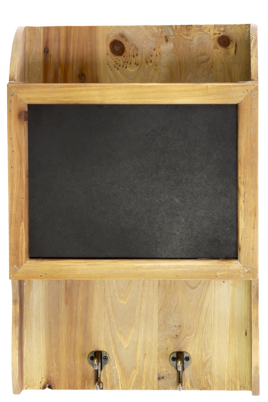 Natural Wood Wall Shelf with Blackboard, 2 Hooks & Storage Compartment - Rustic Home Decor for Living Room, Bedroom & Kitchen Organization