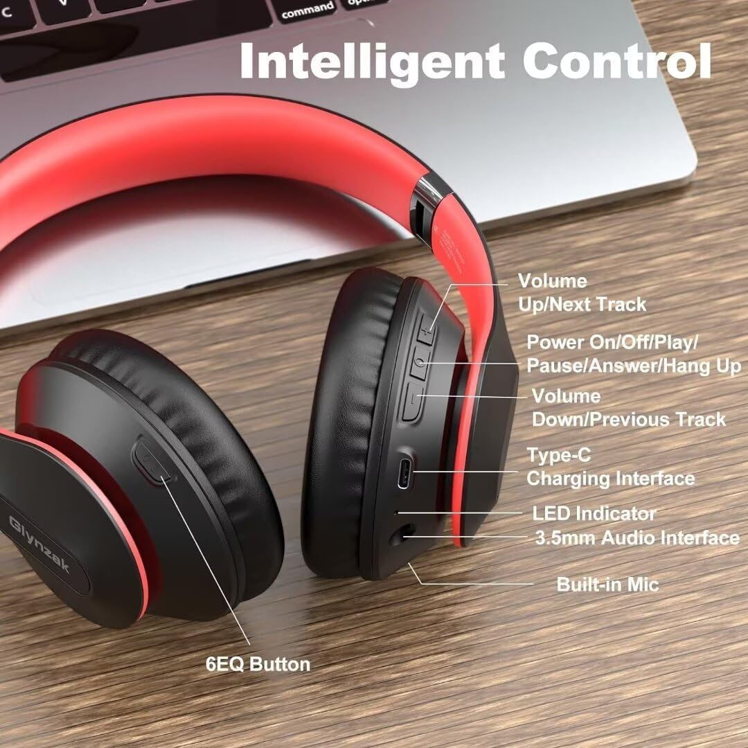 Wireless Bluetooth Headphones Over Ear - 65H Playtime HiFi Stereo with Mic & 6EQ Modes - Foldable Bluetooth 5.3 Headset for Travel, Work, Gaming - Compatible with Laptop, Computer, Phone (Black/Red)