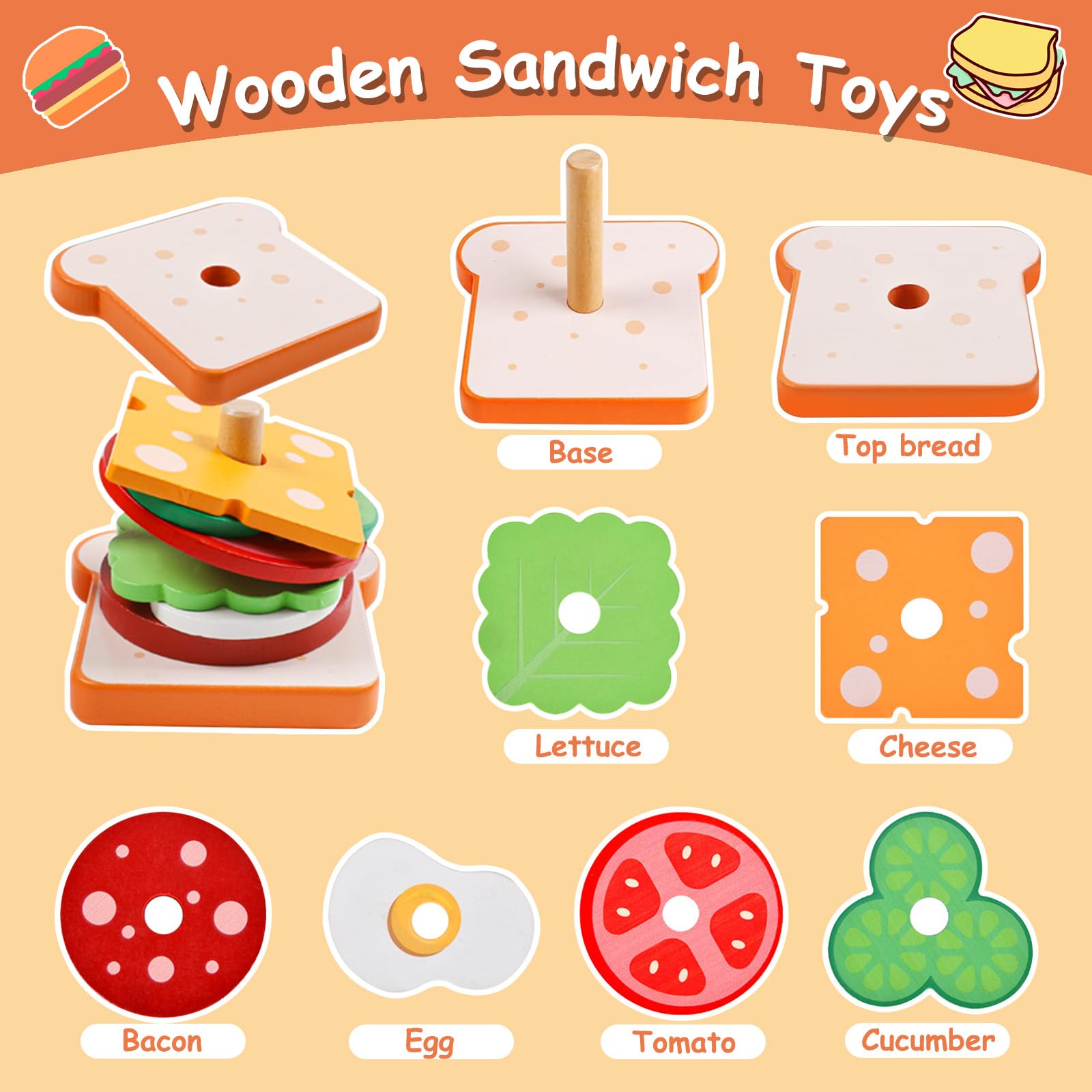 Wooden Sandwich Stacking Toys for Kids - Montessori Educational Learning Toys for Toddlers Ages 3-5 | Pretend Play Kitchen Food Set | Perfect Christmas & Birthday Gift for Boys & Girls | Great for Preschool Learning & Imaginative Play