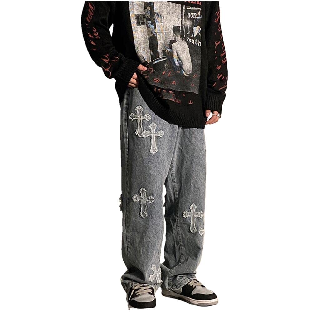 NP Men's & Women's Embroidered Streetwear Jeans - Straight Wide Leg Denim Pants for Casual Wear, Hip Hop Fashion & Urban Street Style