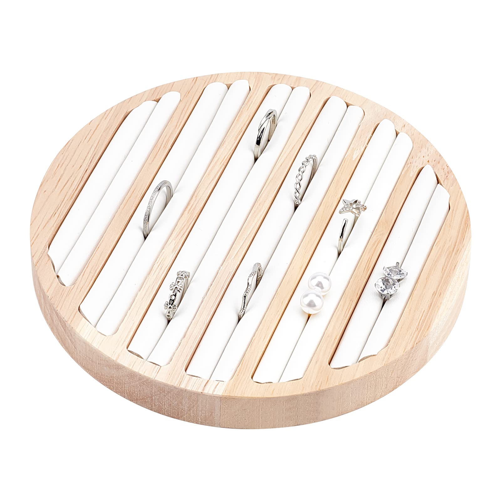 Wooden Jewelry Display Tray with 6 Long Slots & White Leather Insert - 5.89 Inch Diameter Ring Earring Organizer for Retail Stores, Boutiques & Home Jewelry Storage | Perfect for Necklace, Bracelet & Earring Display