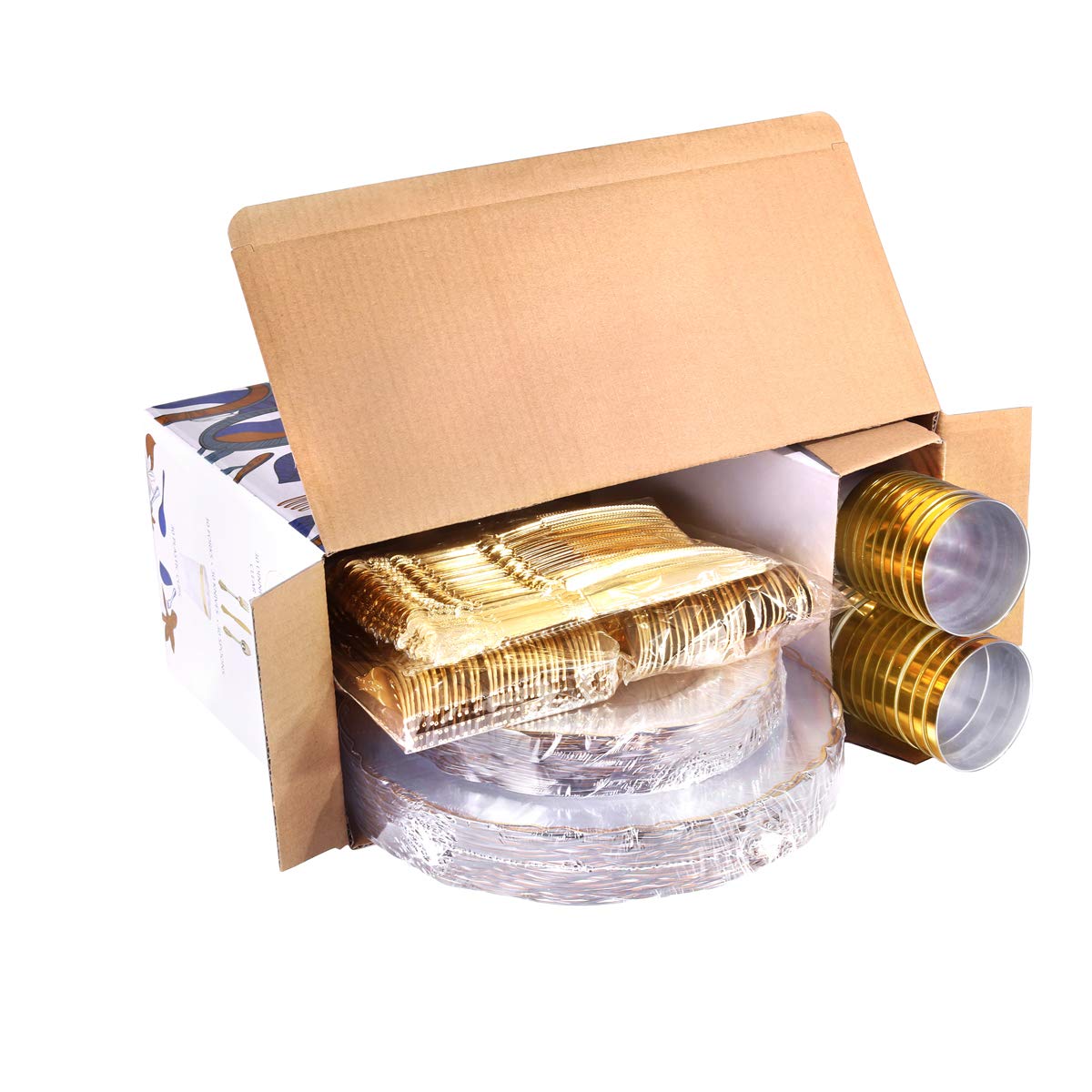Premium 30-Piece Clear & Gold Plastic Dinnerware Set - Includes 30 Dinner Plates, Salad Plates, Forks, Knives, Spoons & Cups - Elegant Disposable Tableware for Weddings, Parties, Catering & Special Events