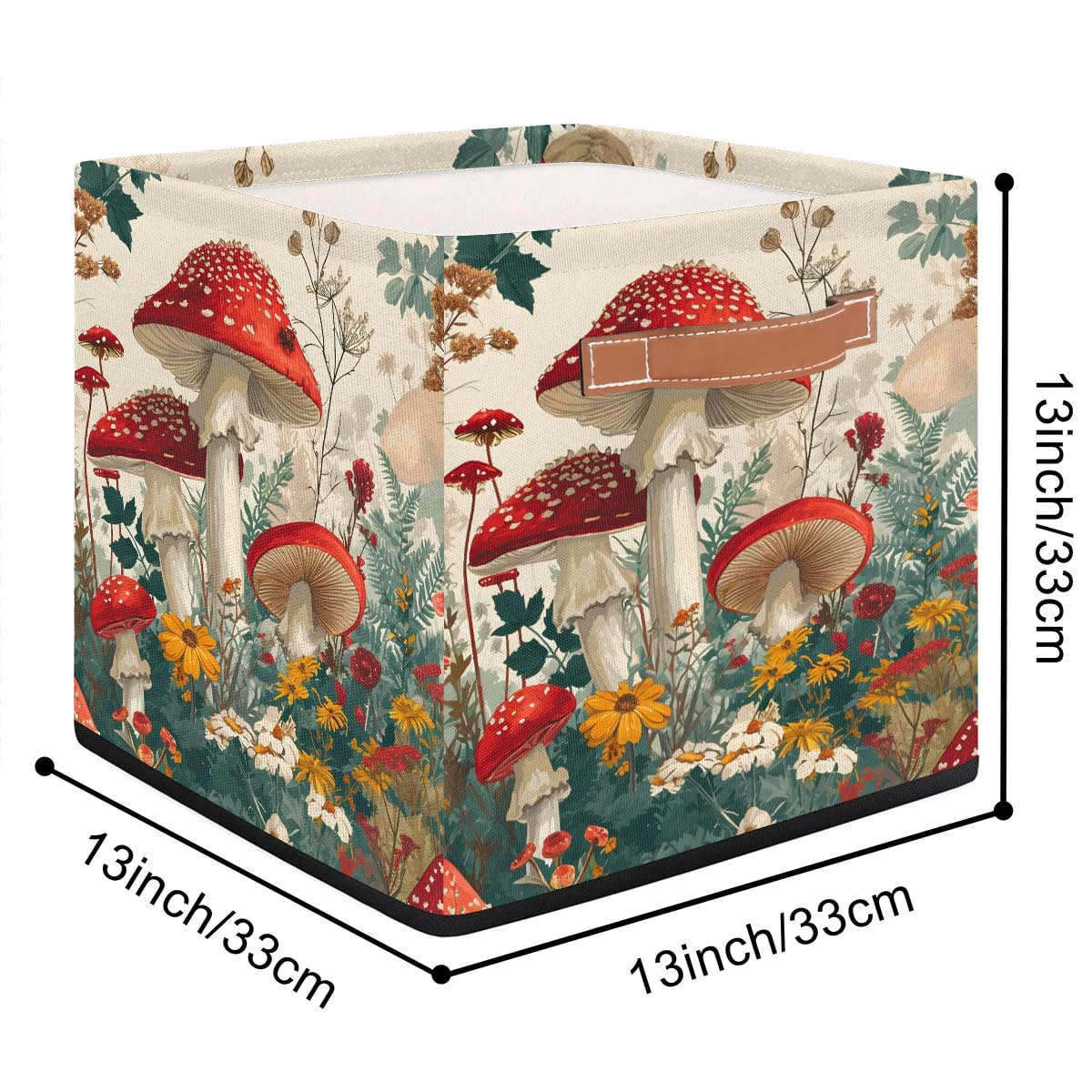 13 Inch Collapsible Mushroom Flower Storage Basket with Leather Handle - Foldable Organizer Bin for Closet, Shelves & Home Decor | Perfect for Bedroom, Bathroom & Laundry Room Organization