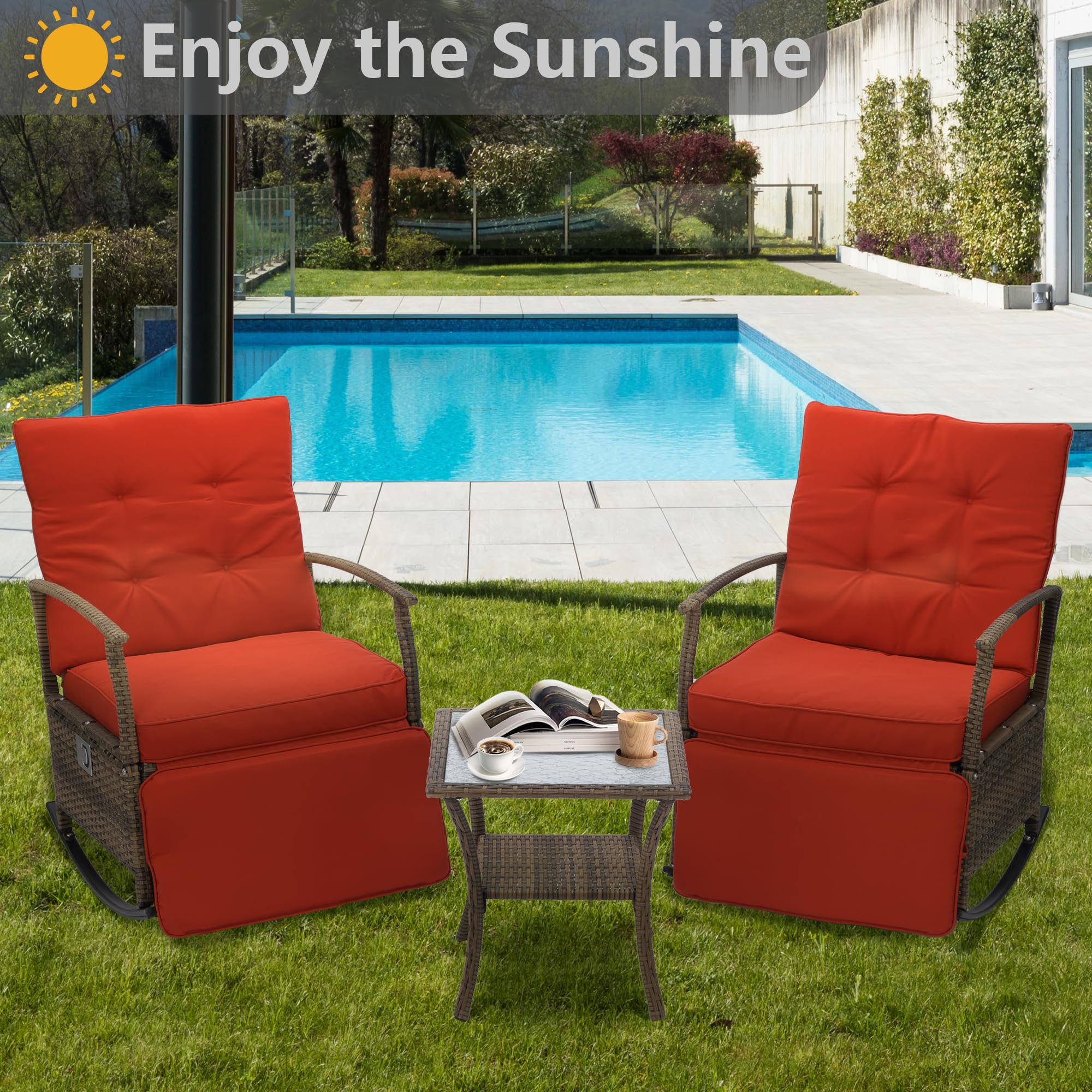**Outdoor Rocking Chairs - Adjustable Rattan Recliner Chairs with Thick Cushions & Removable Glass Tabletop - PE Wicker Patio Furniture Set (Red) - Perfect for Backyard, Garden, Poolside & Balcony Relaxation**
