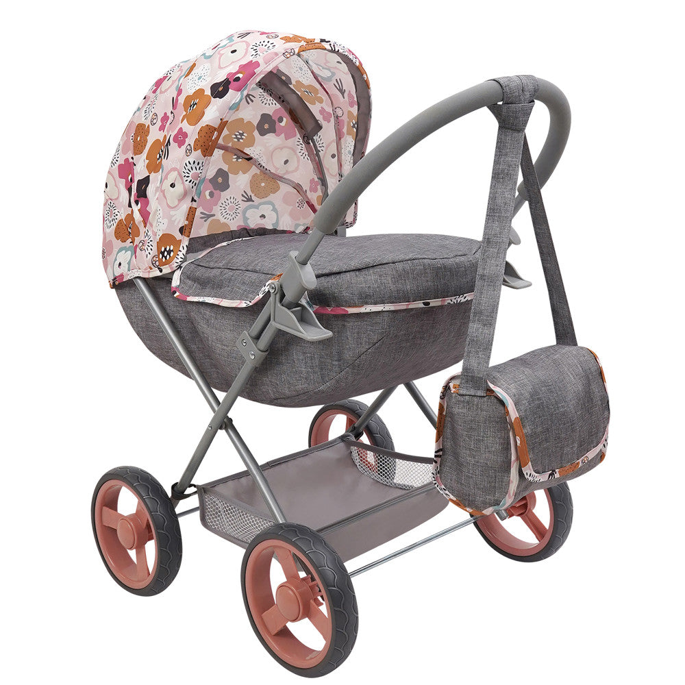 509 Crew Melange Flora Deluxe Doll Stroller with Matching Shoulder Bag - Perfect for Pretend Play, Tea Parties & Outdoor Adventures