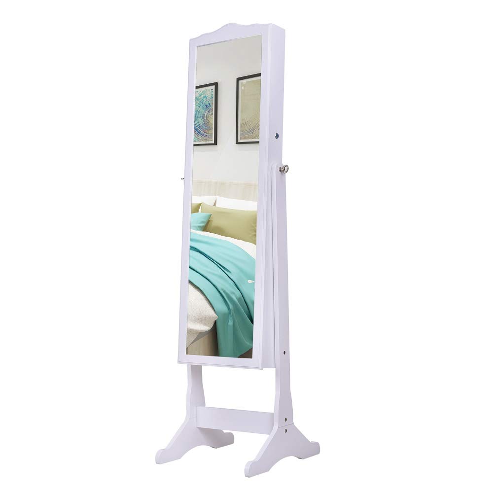 White Floor Length Jewelry Cabinet with Mirror - Home Office Storage Organizer for Jewelry, Accessories & Decor | Dressing Room, Bedroom & Closet Organization