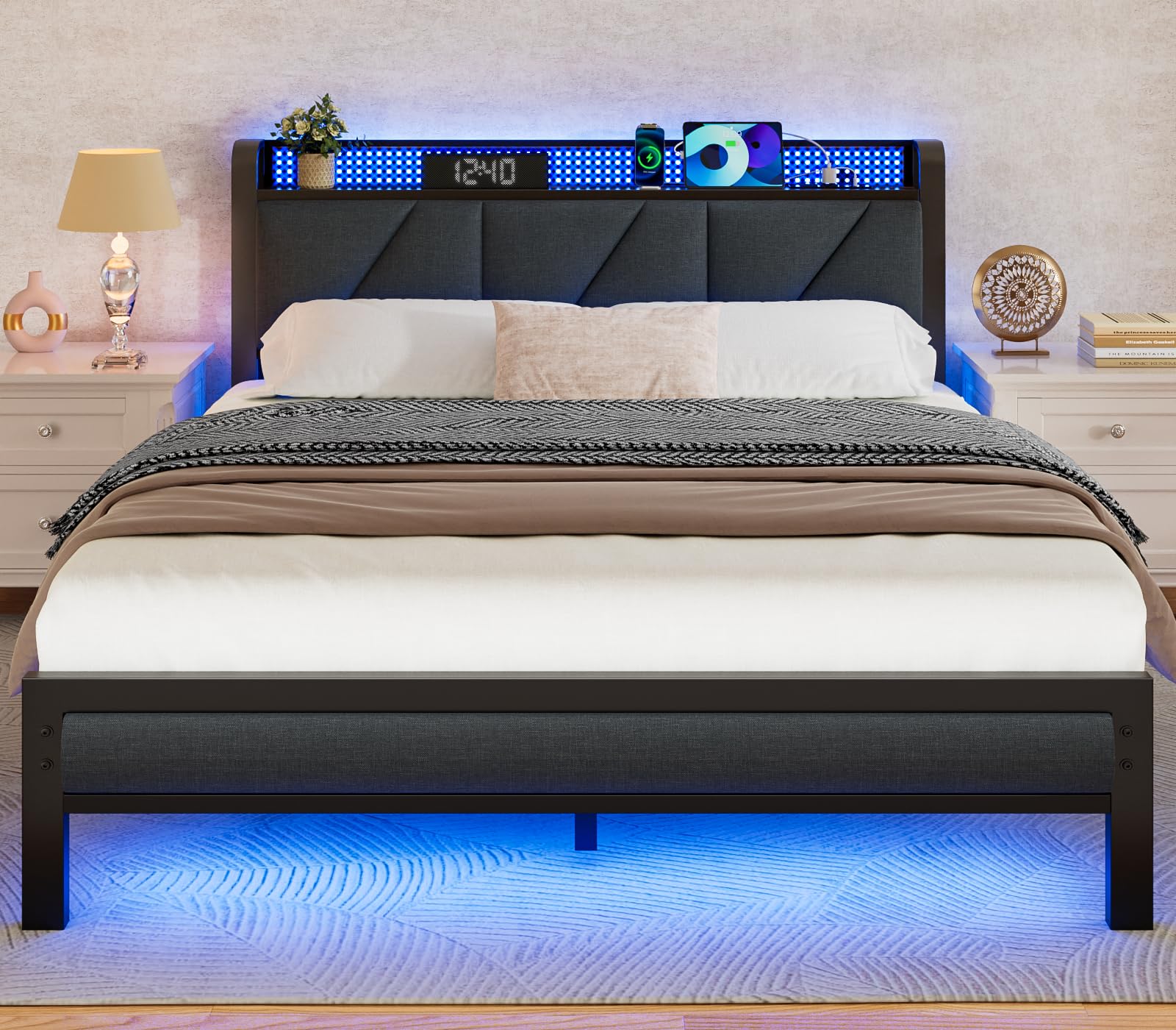 Furnulem Queen Size Bed Frame with Headboard & LED Lights - Upholstered Platform Bed with USB Charging Station, No Box Spring Needed, Noise-Free Metal Bed Frame - Perfect for Modern Bedrooms, Guest Rooms & LED Lighting Enthusiasts