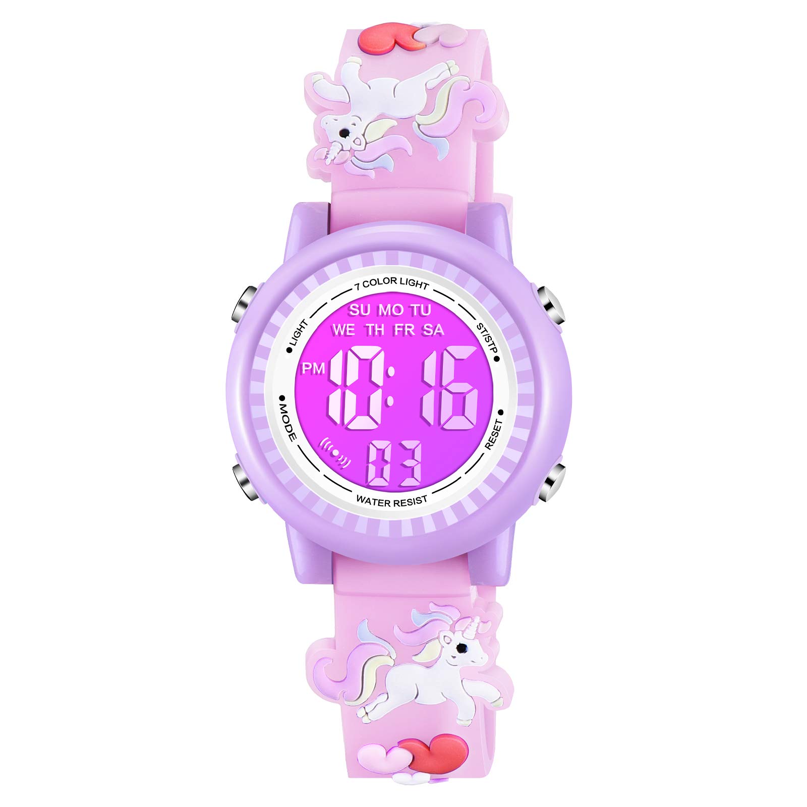 Venhoo Kids Digital Watch with 3D Cartoon Design, 7 Color LED Lights, Waterproof, Alarm & Stopwatch - Perfect for 3-10 Year Old Girls - Ideal for School, Playtime & Outdoor Activities