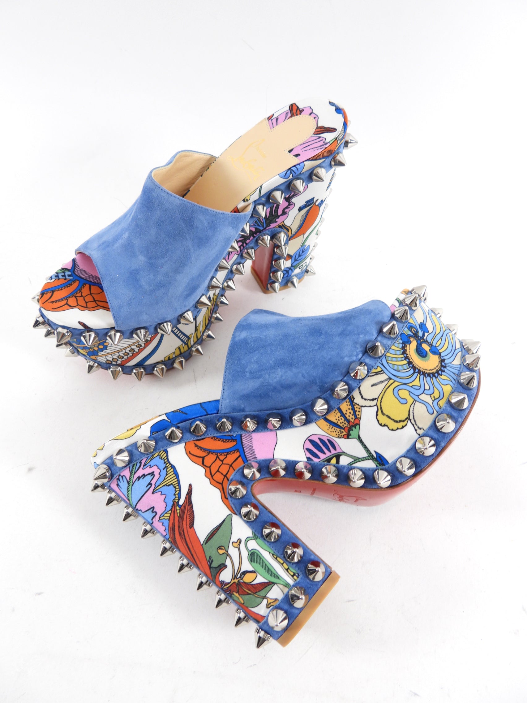 Christian Louboutin Blue Suede Spike Accent Platform Mules Size 37 - Luxury High Heel Sandals for Women, Perfect for Parties & Evening Events