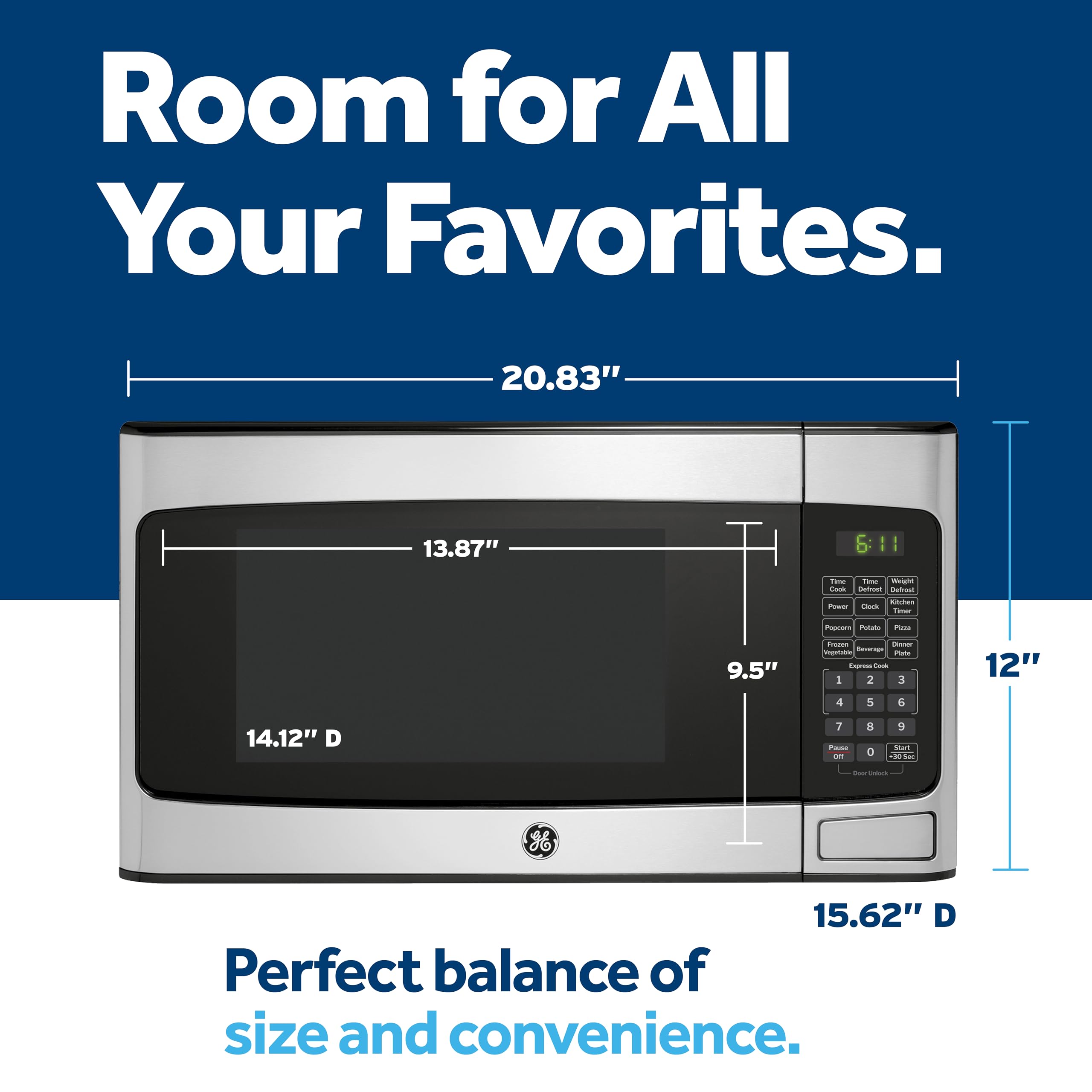 GE GCST11X1WSS 950-Watt Stainless Steel Countertop Microwave Oven with 6 Auto Cooking Settings & Child-Lock - Perfect for Small Kitchens, Dorms, Apartments & Office Break Rooms (1.1 Cu. Ft)