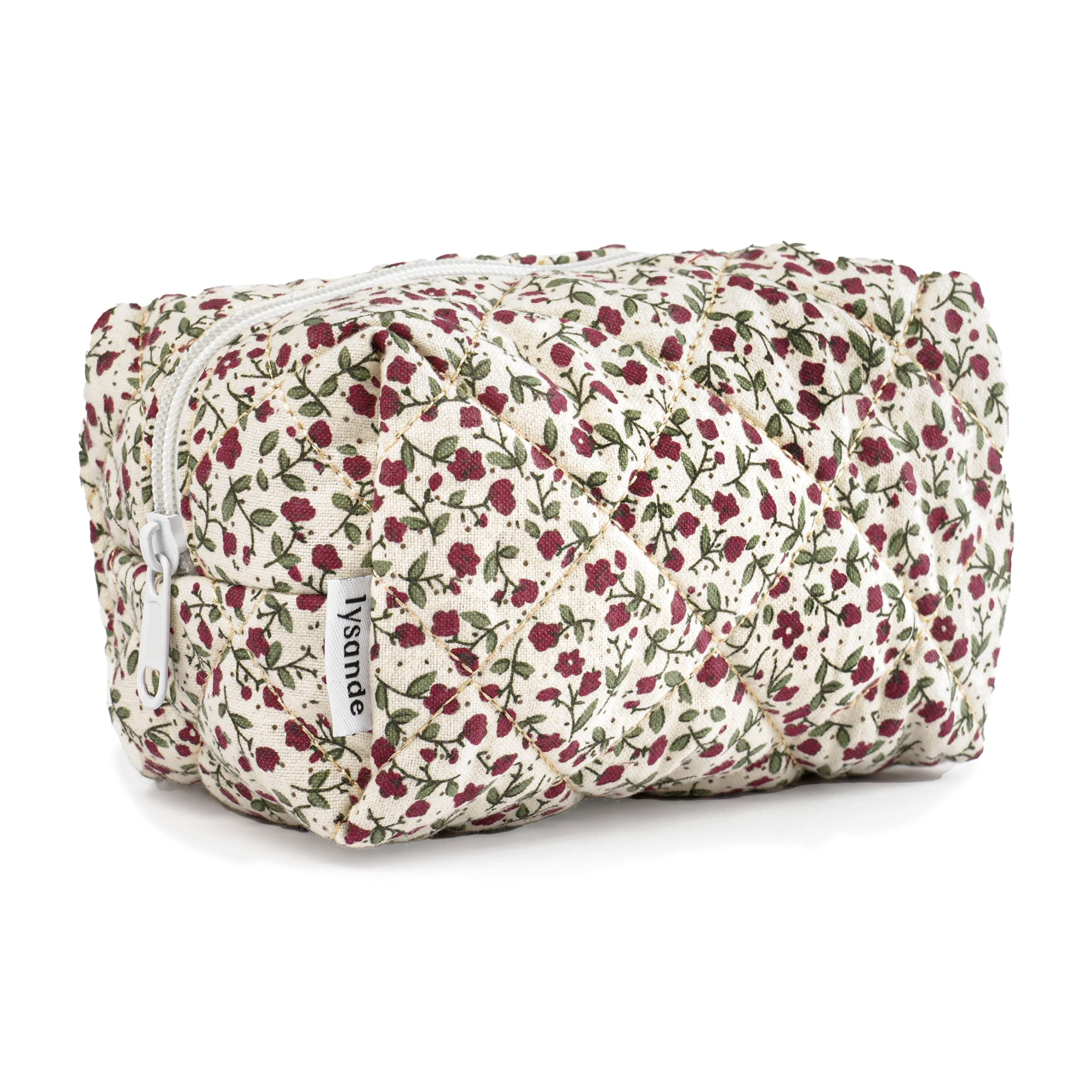 LYSANDE Floral Puffy Quilted Makeup Bag - Waterproof Cosmetic Organizer for Travel, Toiletry Tote & Cosmetics Pouch with Zipper Closure - Perfect for Women's Beauty Essentials, Bridal Shower Gift (Red Flowers)