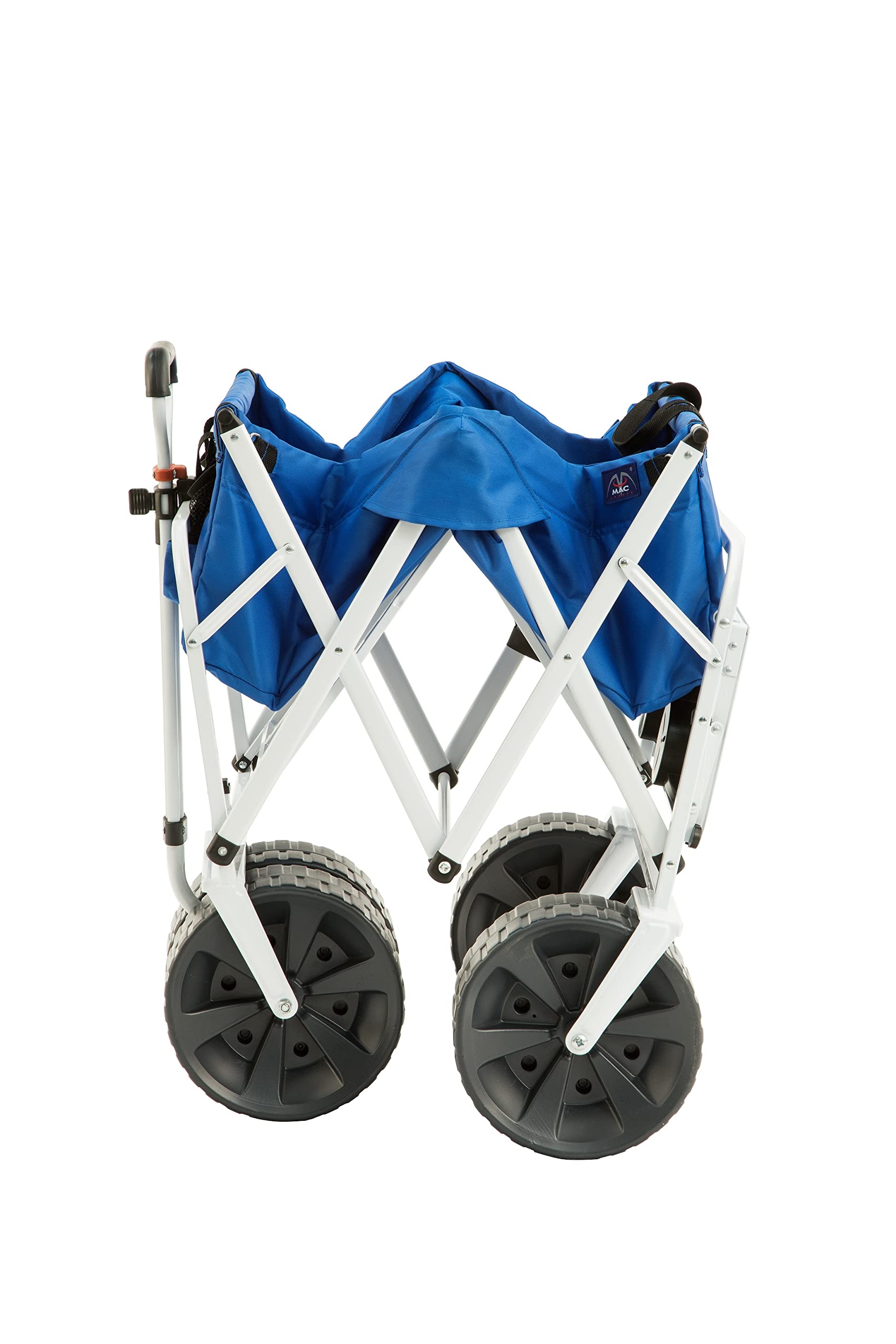 MacSports All Terrain Heavy Duty Folding Wagon Cart with Large Wheels & Side Table - Portable Collapsible Utility Cart for Beach, Picnic, Camping, Outdoor Adventures (Blue/White) | Perfect for Sand, Grass & Rough Terrains