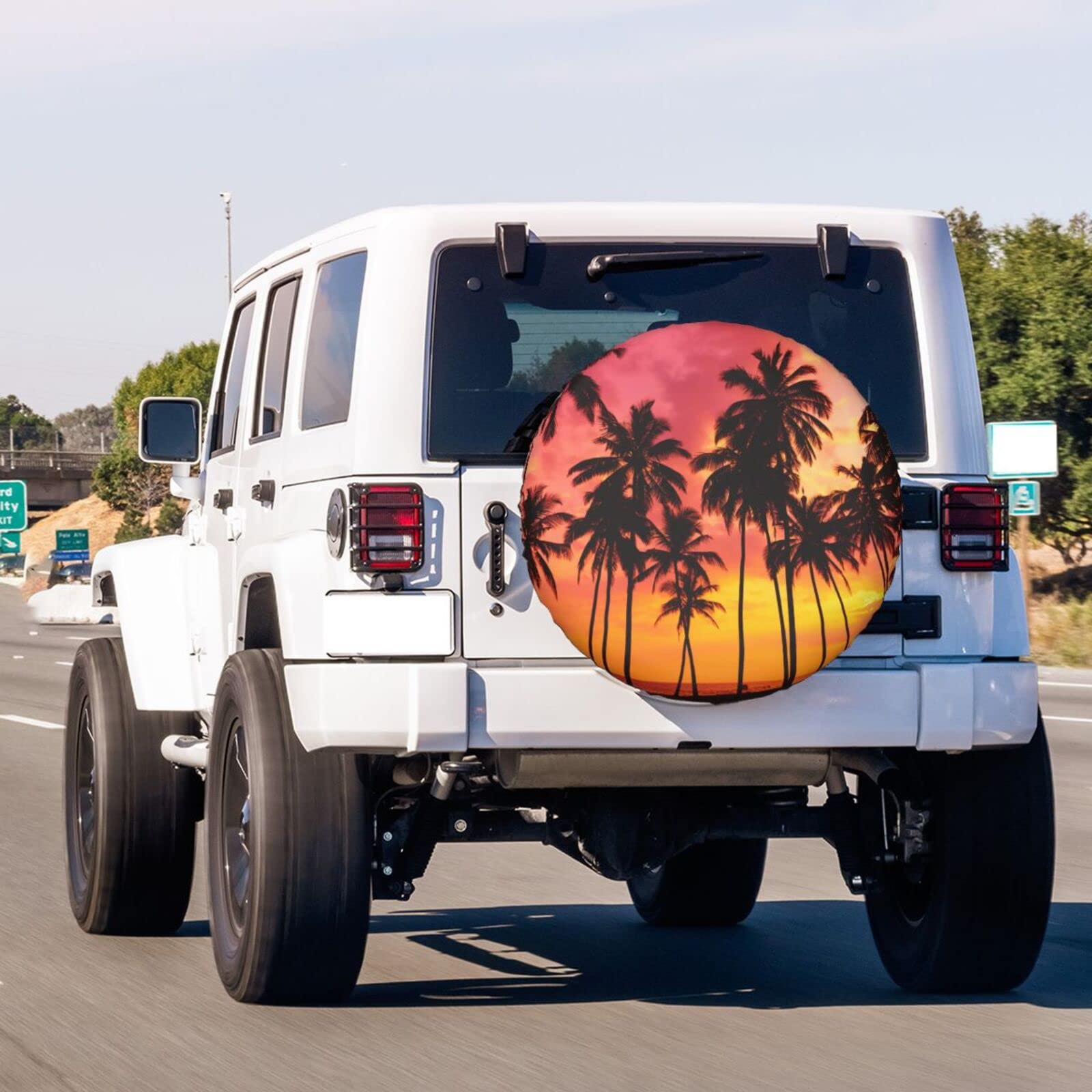Premium 17-Inch Tropical Beach Palm Tree Silhouette Spare Tire Cover - Dust-Proof Wheel Protector for Trailers, RVs, SUVs & More | Perfect for Road Trips & Beach Adventures