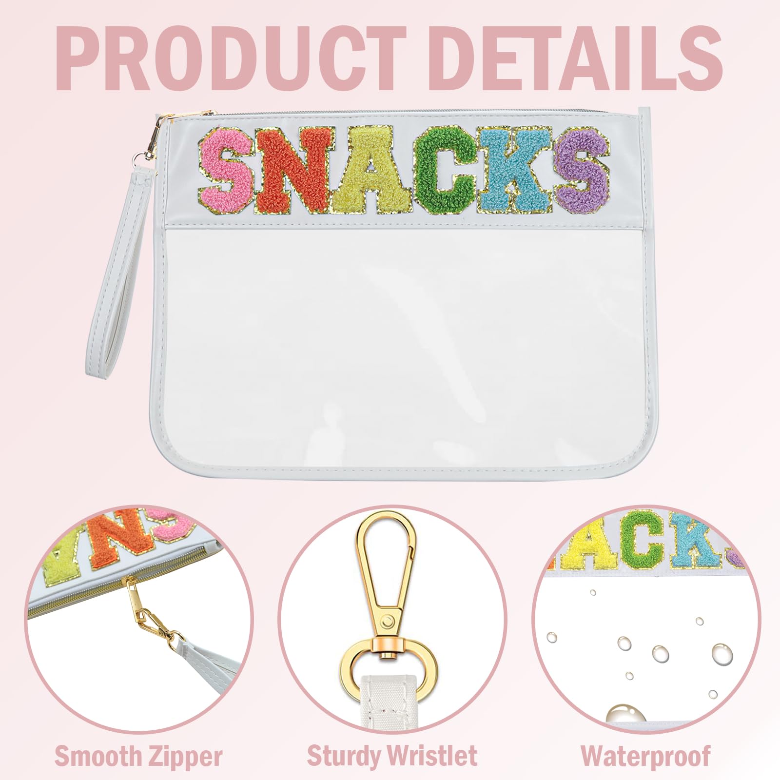 Snack Bags Pouch | Travel Makeup Bag with Chenille Letter | Clear Zipper Cosmetic Tote Bag for Women | Perfect for Travel, Gym & Daily Organization