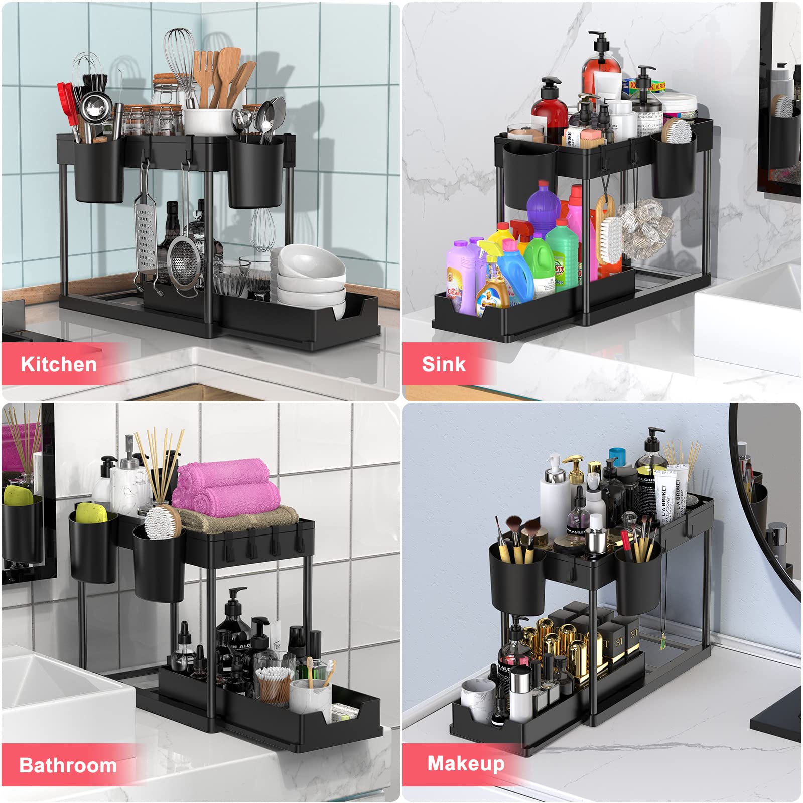2-Tier Under Sink Organizer with Adjustable Height - Black Bathroom & Kitchen Storage Cabinet with 4 Removable Dividers, 4 Hooks & Cup - Perfect for Maximizing Under-Sink Space in Bathrooms, Kitchens & Laundry Rooms
