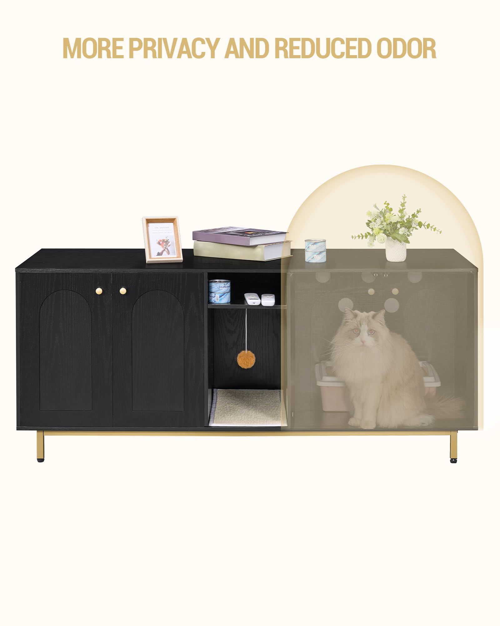 Hidden Cat Litter Box Furniture Enclosure - Wooden Pet House Side Table with Storage Cabinet, 55.2 x 19.7 x 23.9 Inches, Black & Gold CB81504A - Perfect Discreet Litter Box Solution for Living Room, Bedroom or Small Spaces
