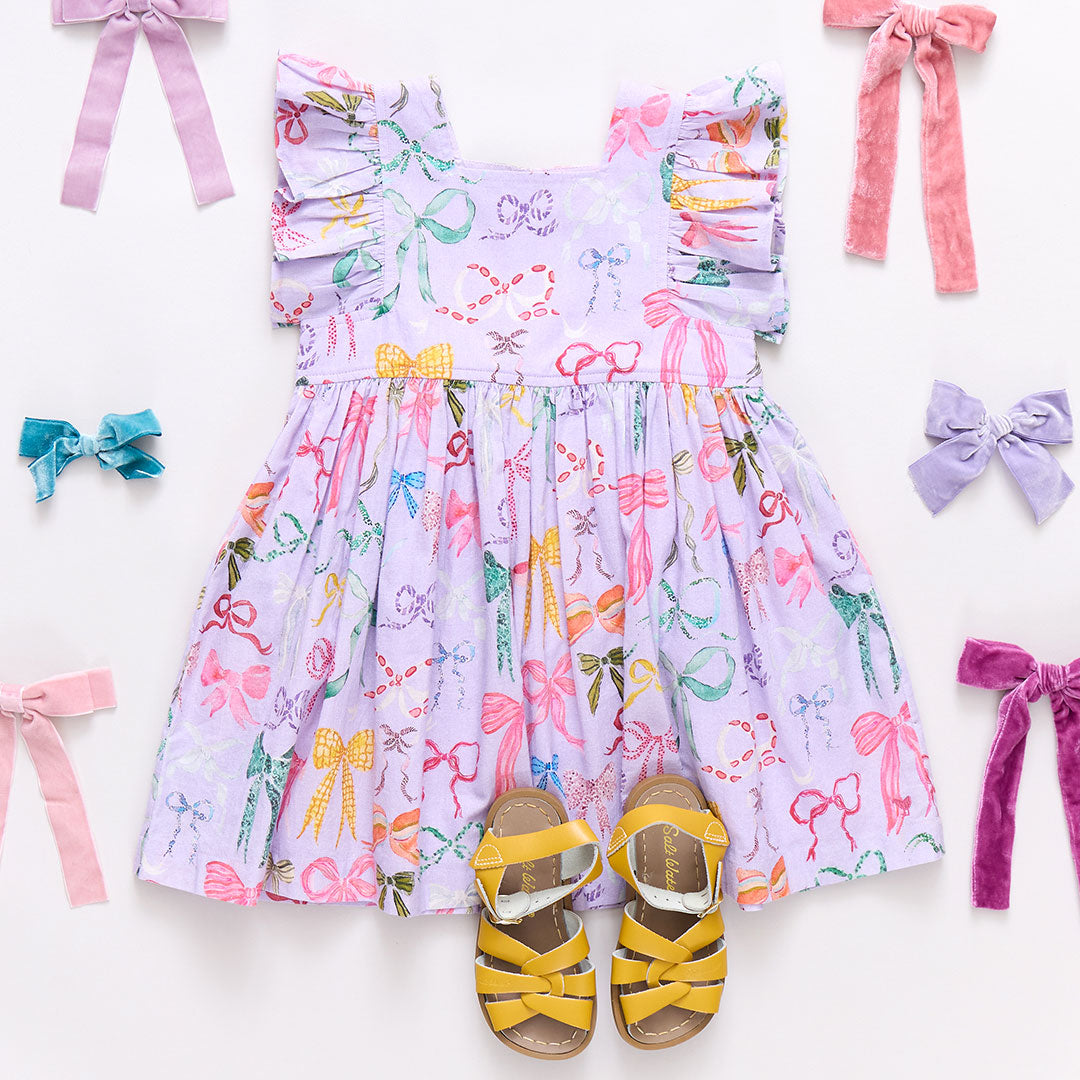 Elsie Dress - Lavender Watercolor Bow Design Floral Print Women's Summer Dress for Casual Wear, Parties & Weddings