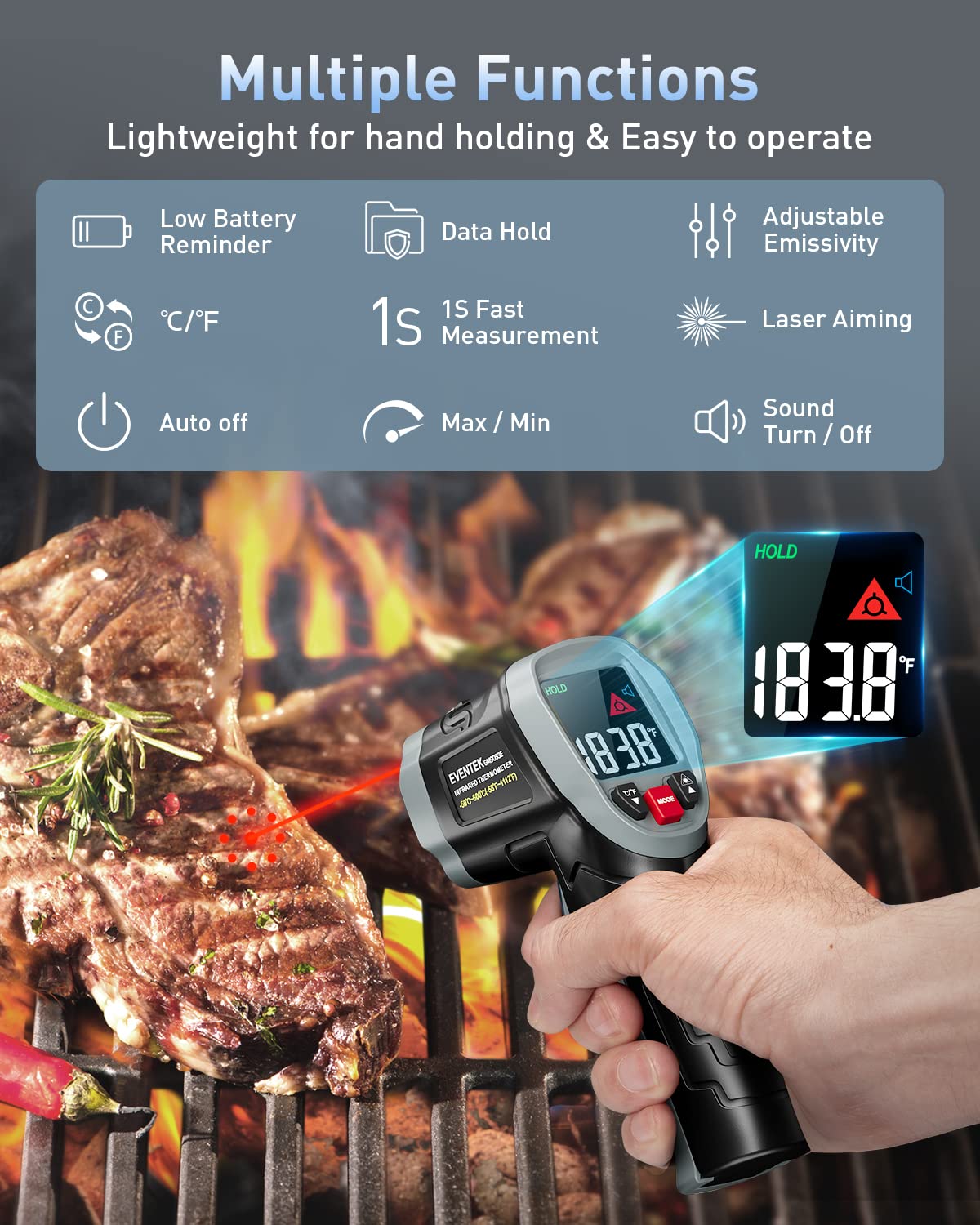 Eventek Digital Infrared Thermometer Gun -58°F to 1112°F (-50°C to 600°C) with Laser Pointer, Adjustable Emissivity - 3-in-1 Non-Contact Temperature Gun for Cooking, Grilling, HVAC, Automotive & Industrial Use - Includes Meat Thermometer & Carrying Bag