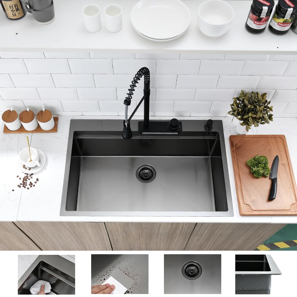 33x22 Inch Gunmetal Black Stainless Steel Drop-in Kitchen Sink Workstation with Waterfall Faucet Combo - 16 Gauge Top Mount Multifunctional Single Bowl Sink for Modern Home & Restaurant Use