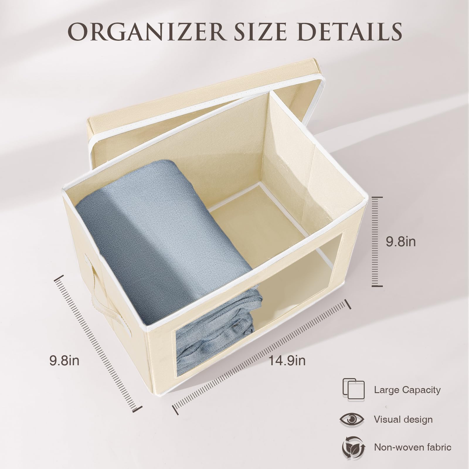 Fabric Storage Bins with Lids - 3 Pack Beige Organizers for Home & Office Closet