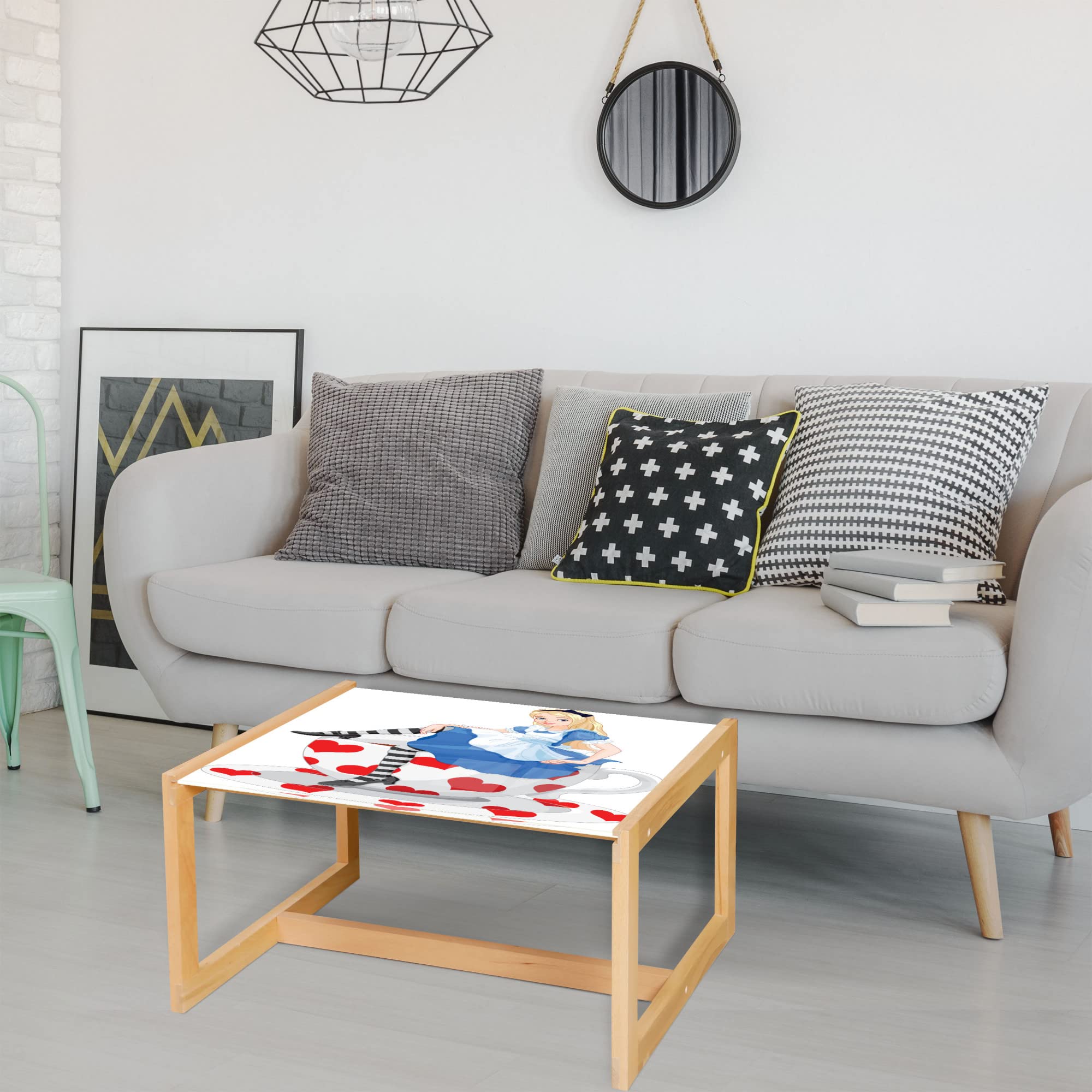 Ambesonne Alice in Wonderland Coffee Table - Fantasy Tale Design with Girl Sitting on Tea Cup Heart Shape, Acrylic Glass Top & Wooden Frame - Perfect for Living Rooms, Offices & Dorms - Medium Size in Blue Vermilion White