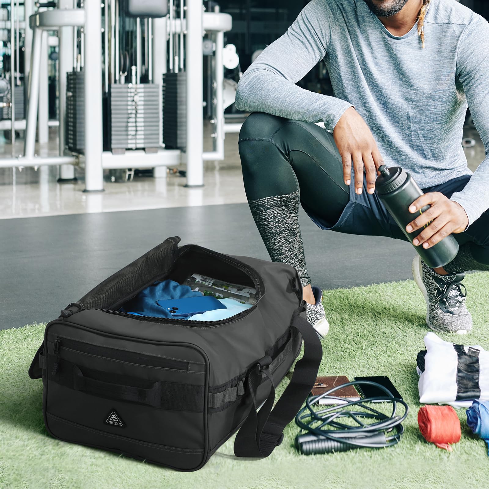 Haimont 40L Large Gym Duffel Backpack for Men - Sports Duffle Bag with Backpack Straps for Workout, Hiking, Travel & Weekender - Water-Resistant Black Athletic Bag (Perfect for Gym, Sports, Camping & Business Trips)