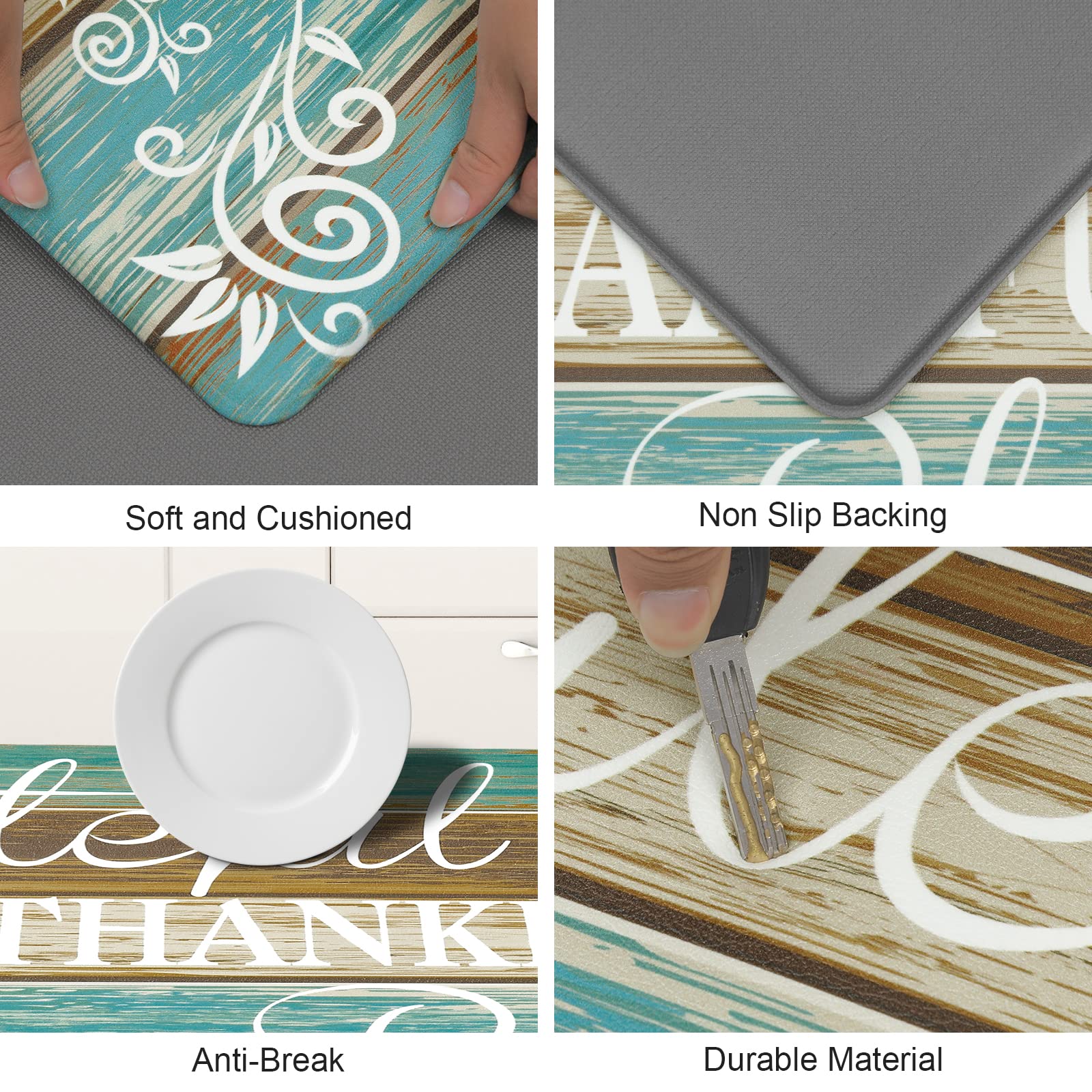 HEBE Anti-Fatigue Kitchen Mat Set of 2 - Non-Slip Cushioned Floor Mats for Standing, Waterproof Farmhouse Style - Perfect for Kitchen Sink, Office & Laundry Areas - Comfortable Standing Desk Mat for Long Hours