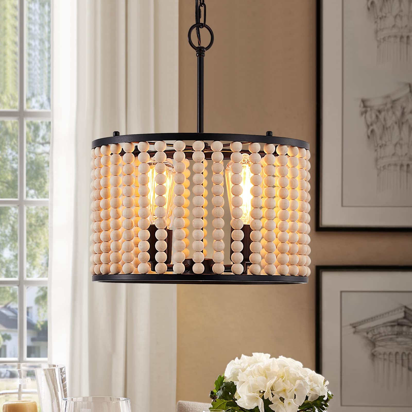 Farmhouse Chandelier Light Fixture - 4-Light Wood Beaded Boho Pendant Lantern for Dining Room, Living Room, Kitchen & Entryway - Rustic Ceiling Lighting for Home Decor & Foyer