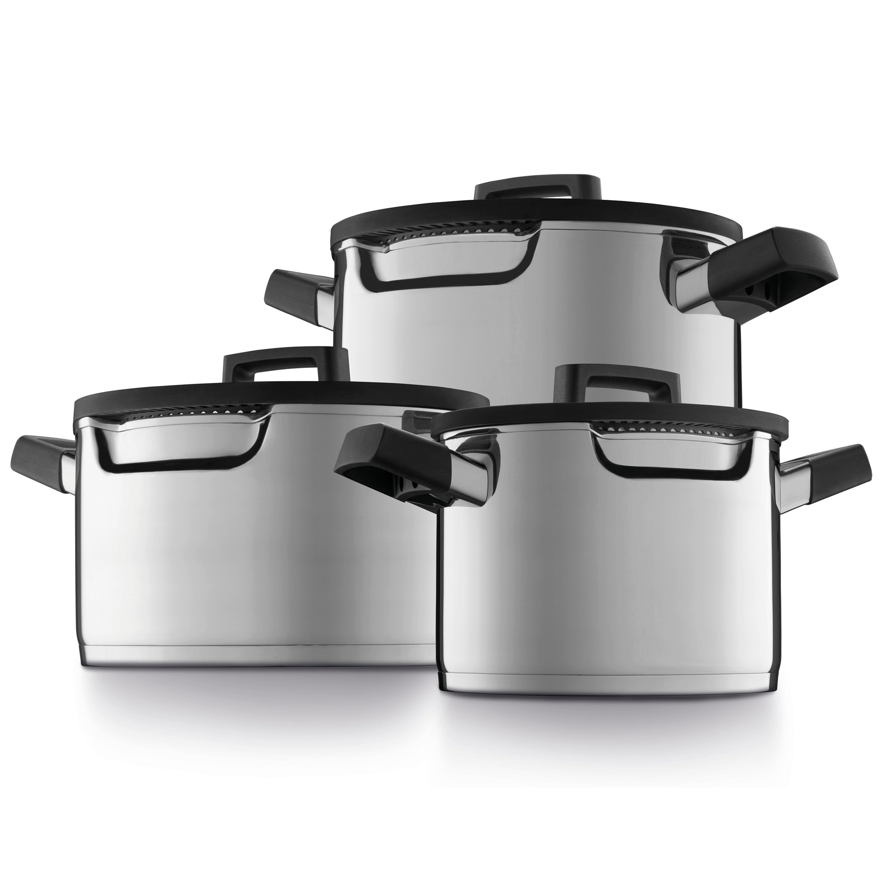 BergHOFF GEM 6-Piece Stainless Steel Cookware Set with Downdraft Technology - 18/10 Grade - Black Handles - Perfect for Gas & Induction Stoves - Ideal for Sautéing, Boiling & Frying in Modern Kitchens