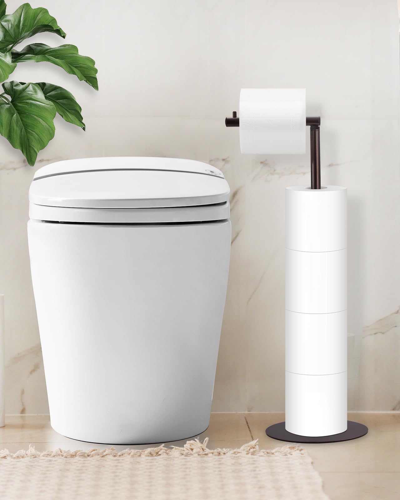 Free Standing Toilet Paper Holder Stand with 4-Roll Reserve - Modern Bathroom Tissue Roll Dispenser in Oil Rubbed Bronze by Housen Solutions - Perfect for Home, Office, and RV Bathroom Organization