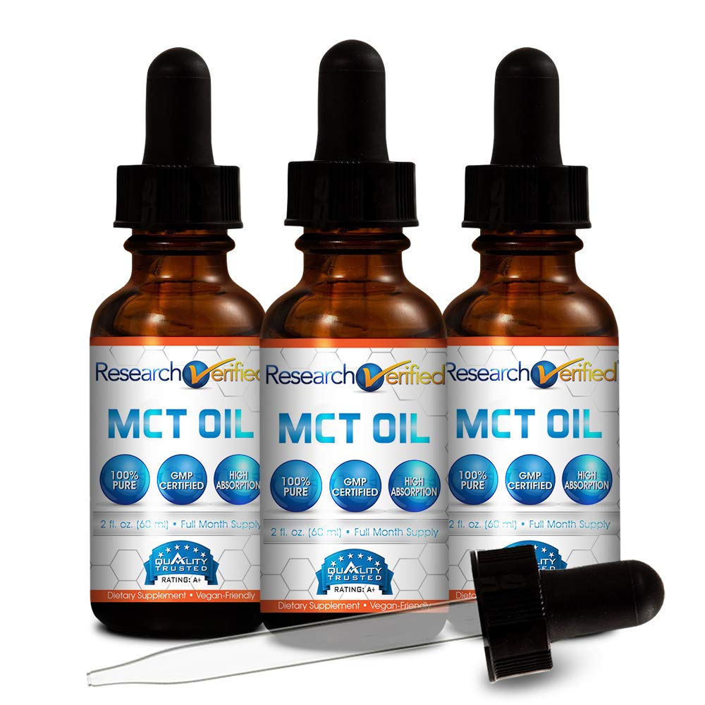 Research Verified 100% Pure MCT Oil - All Natural, Vegan Friendly, Keto & Paleo Diet Approved - 2 Fl. Oz. (3 Bottles) - Perfect for Coffee, Smoothies & Weight Management