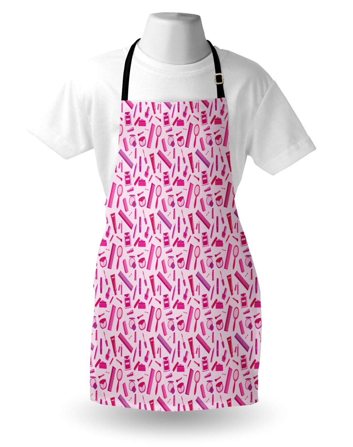 Ambesonne Unisex Adjustable Apron - Pale Pink with Magenta & Purple Makeup & Comb Pattern - Kitchen Cooking, Baking, Gardening Bib for Adults - Perfect for Home, BBQ, Pottery & DIY Crafts