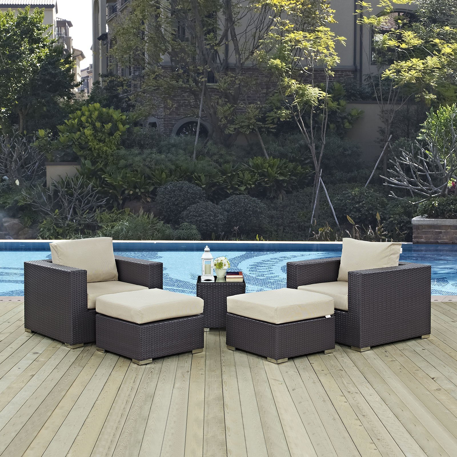 Modway Convene 5-Piece Wicker Rattan Outdoor Patio Furniture Set - Espresso Beige - Durable All-Weather Sectional Sofa with Coffee Table for Backyard, Garden & Poolside Relaxation